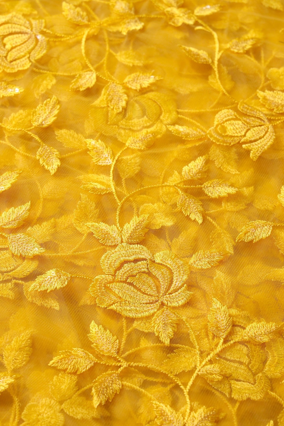 Gorgeous Yellow Thread With Sequins Floral Leafy Embroidery On Mustard Yellow Soft Net Fabric - doeraa