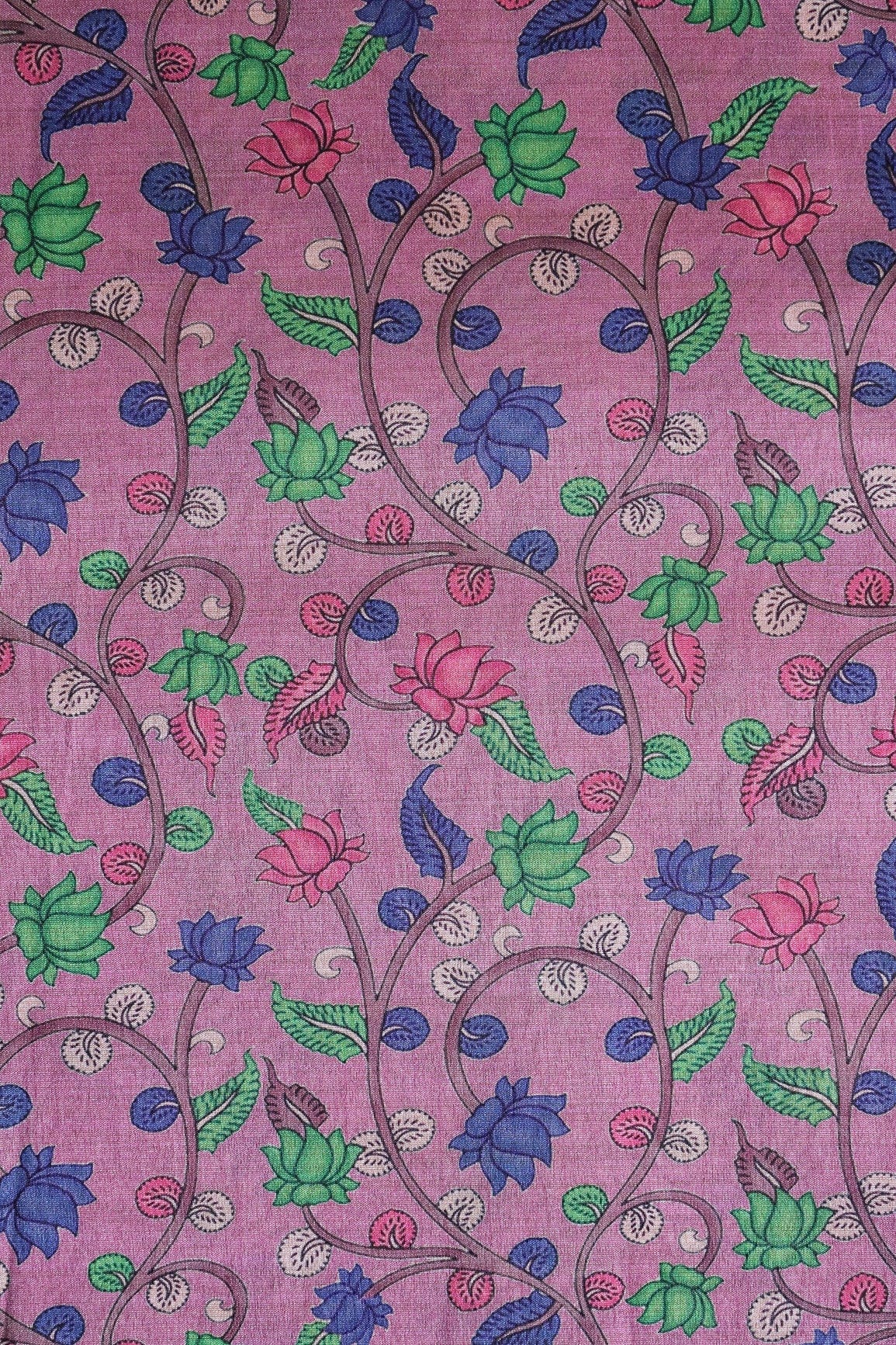 Green And Blue Color Floral Pattern Digital Print On Lilac Mulberry Silk Fabric - doeraa