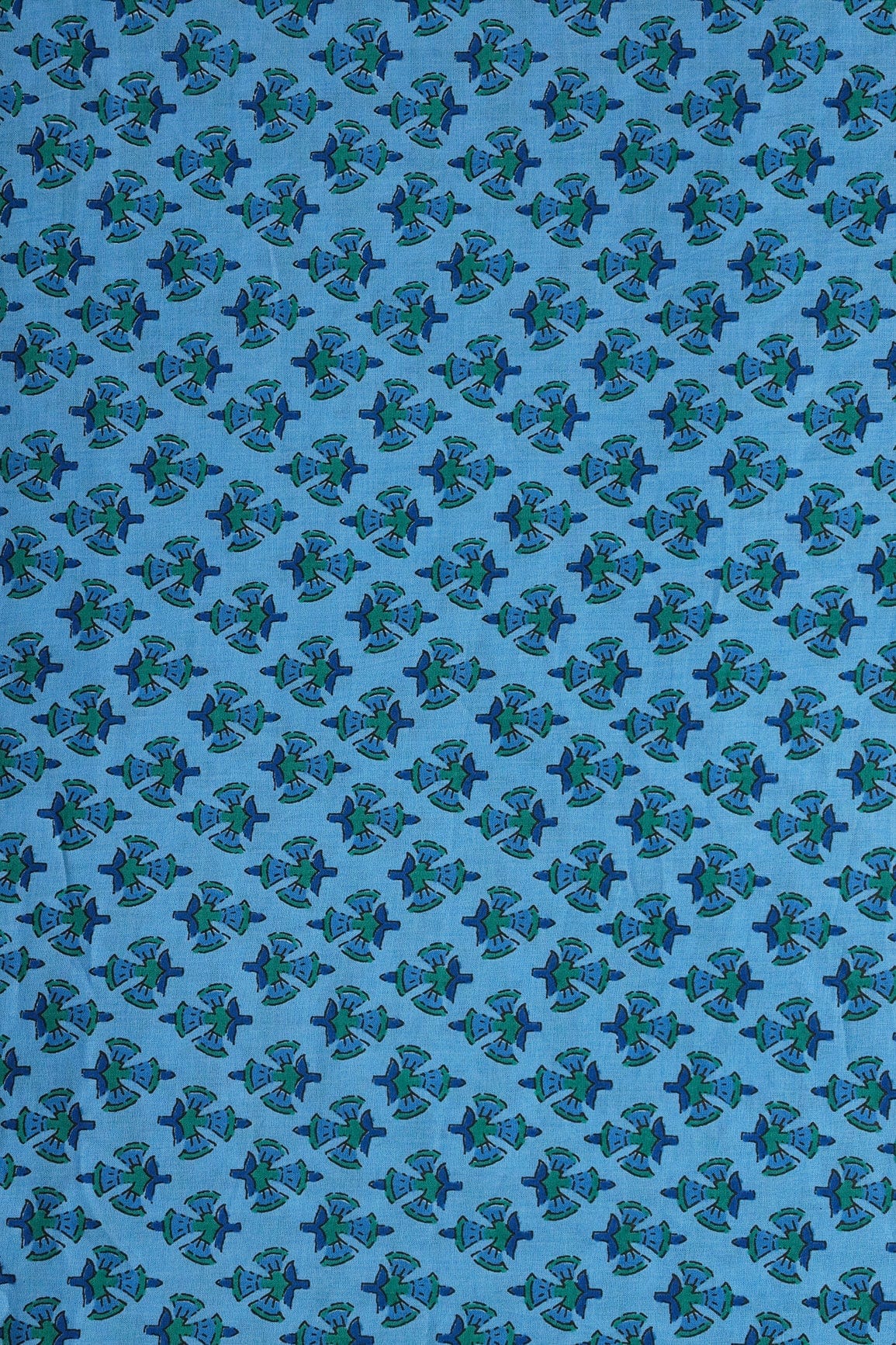 Green And Carolina Blue Floral Print On Pure Cotton Fabric - doeraa