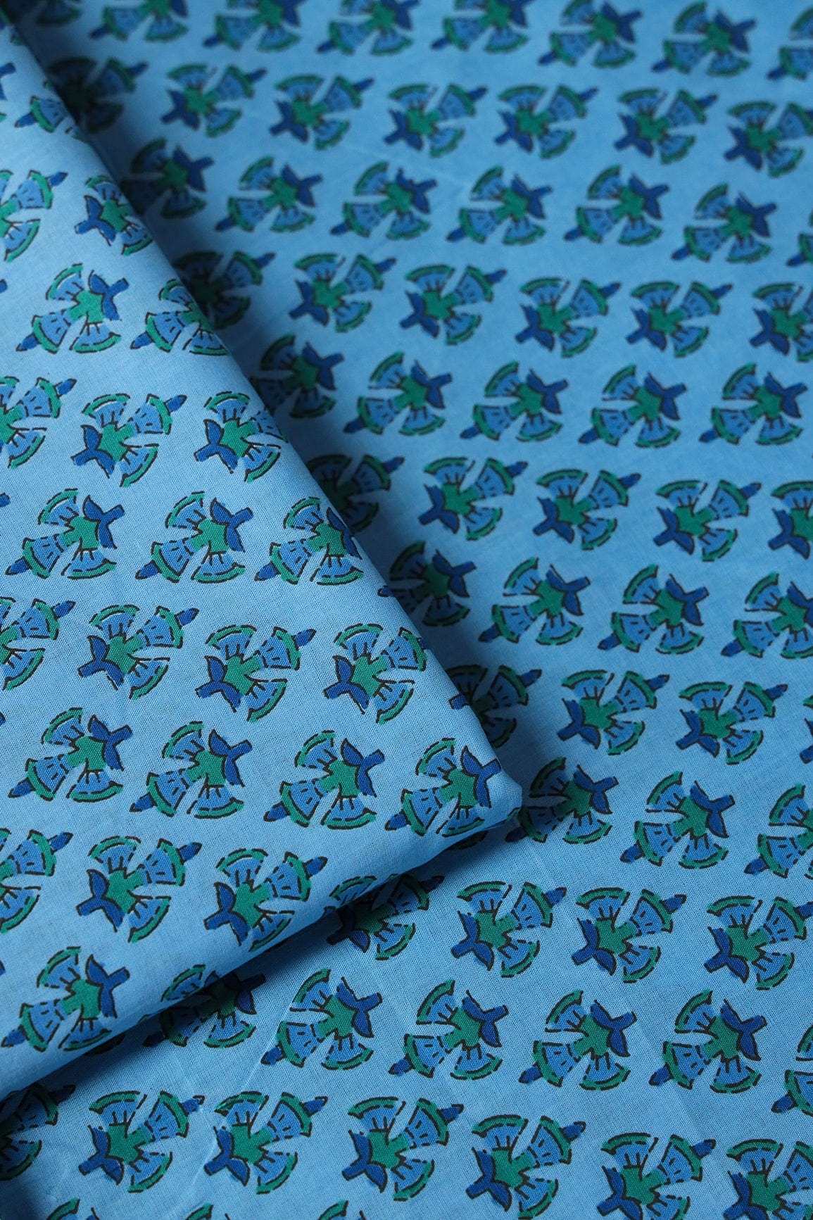 Green And Carolina Blue Floral Print On Pure Cotton Fabric - doeraa