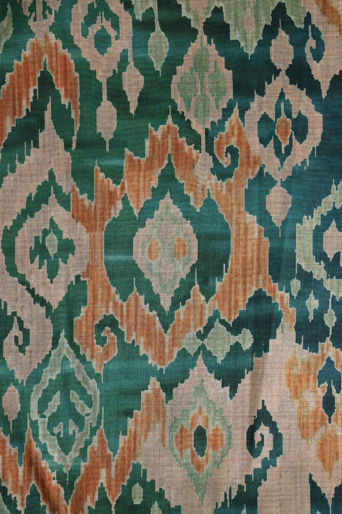 Green And Cream Ikat Pattern Digital Print On Mulberry Silk Fabric - doeraa