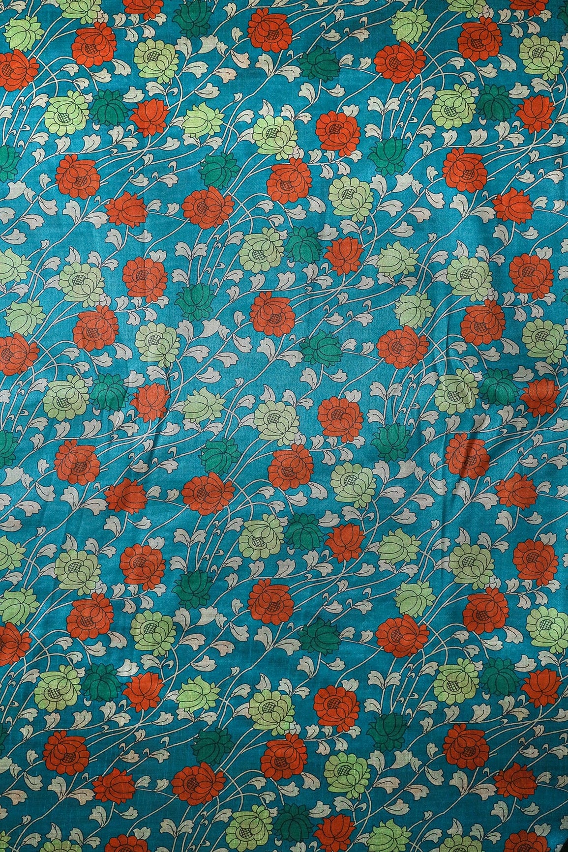 Green And Orange Color Floral Pattern Digital Print On Turquoise Mulberry Silk Fabric - doeraa