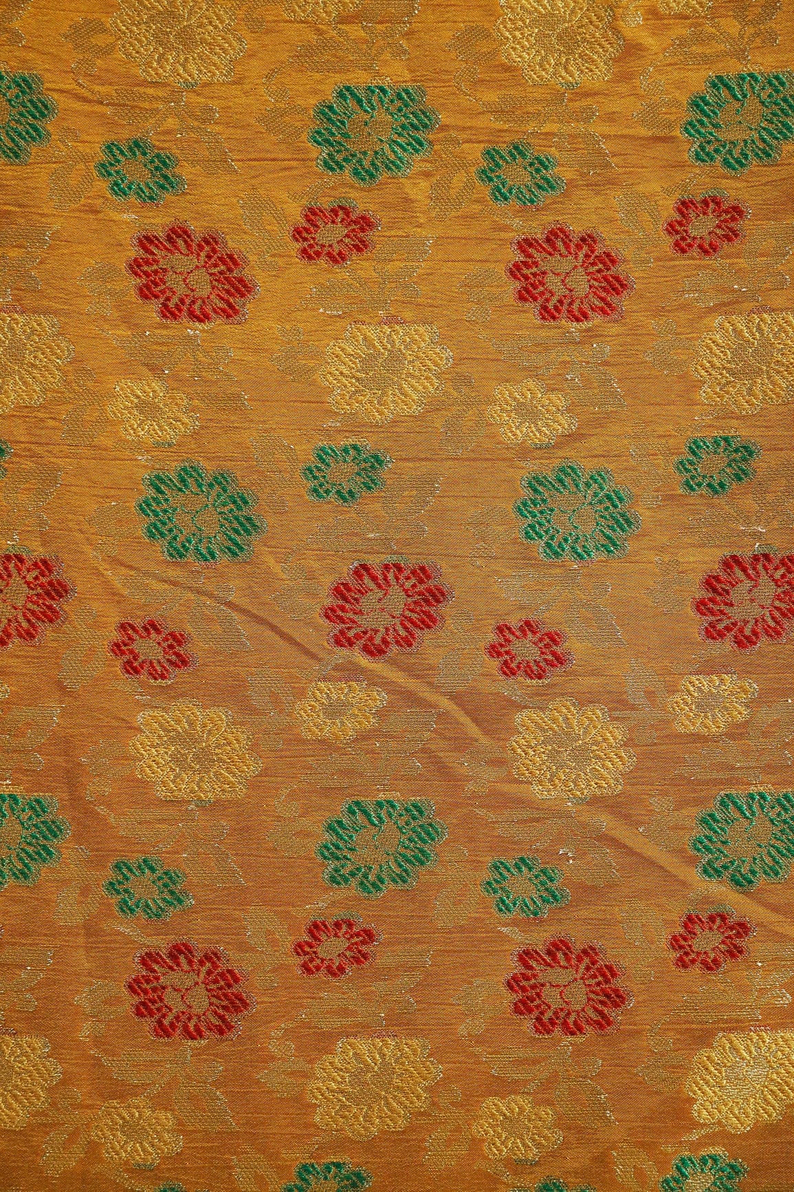 Green And Red Floral Pure Kashmiri Silk Gold Zari Banarasi Jacquard Fabric - doeraa