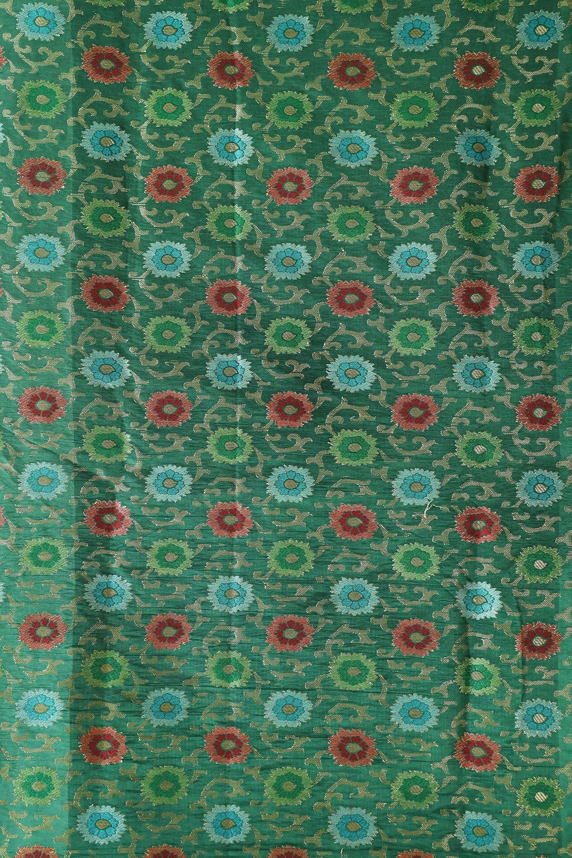 Green And Red Floral Pure Kashmiri Silk Gold Zari Banarasi Jacquard Fabric - doeraa