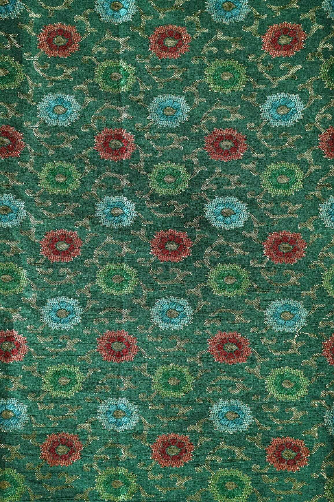 Green And Red Floral Pure Kashmiri Silk Gold Zari Banarasi Jacquard Fabric - doeraa