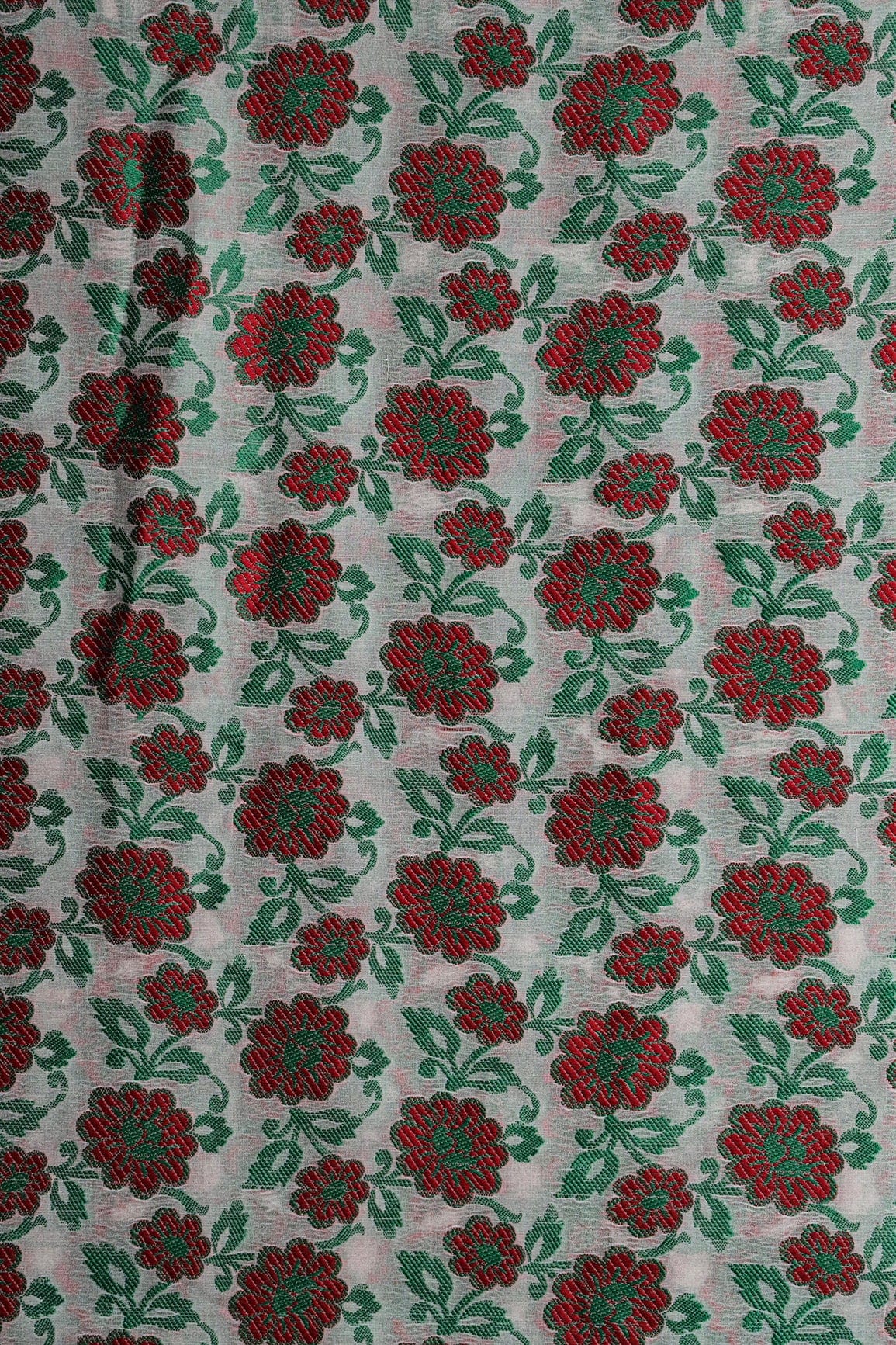 Green And Red Floral Pure Kashmiri Silk Gold Zari Dyeable Banarasi Jacquard Fabric - doeraa