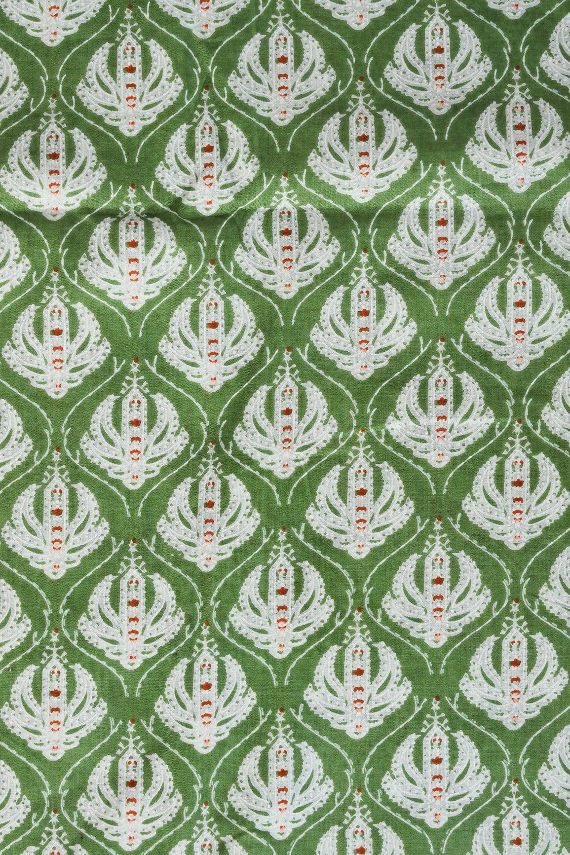 Green And White Ogee Print On Pure Cotton Fabric - doeraa