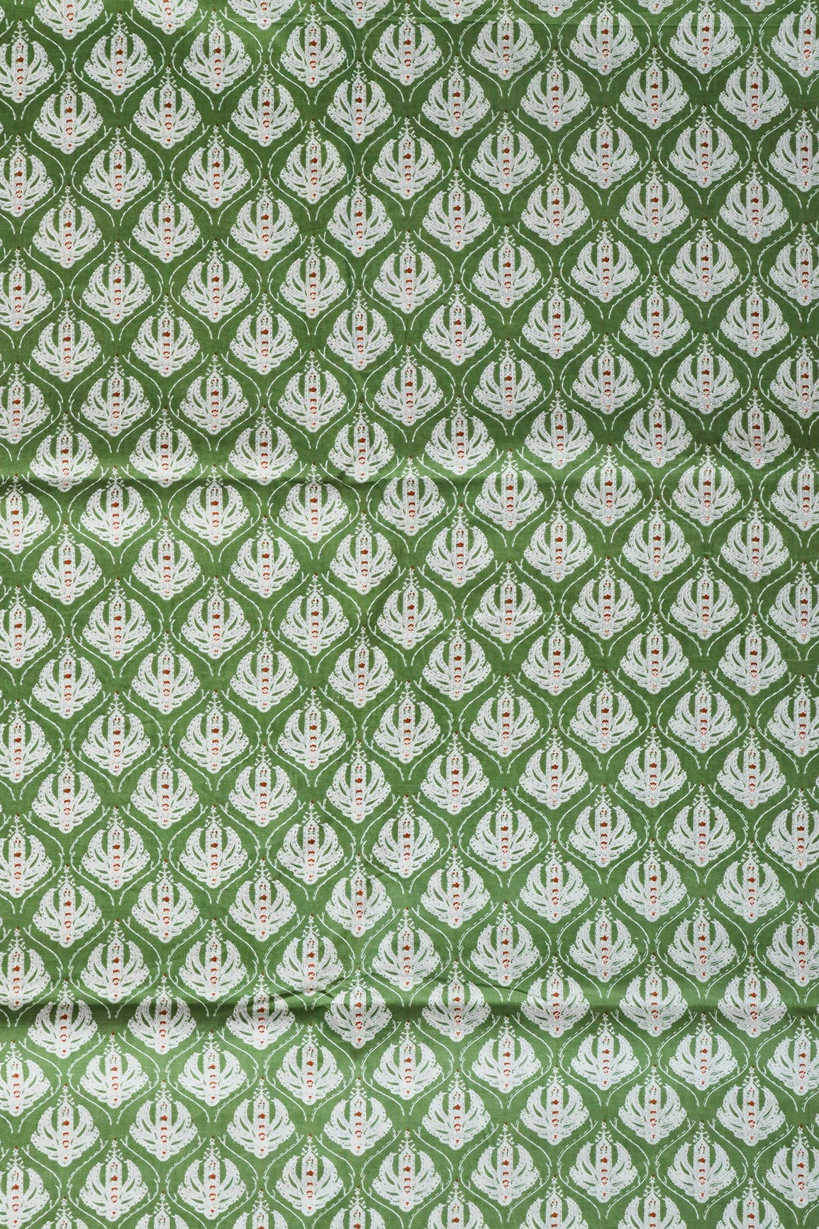 Green And White Ogee Print On Pure Cotton Fabric - doeraa