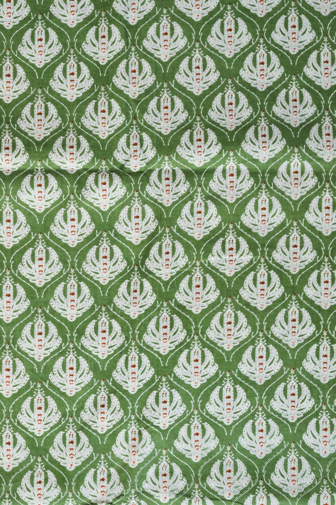 Green And White Ogee Print On Pure Cotton Fabric - doeraa