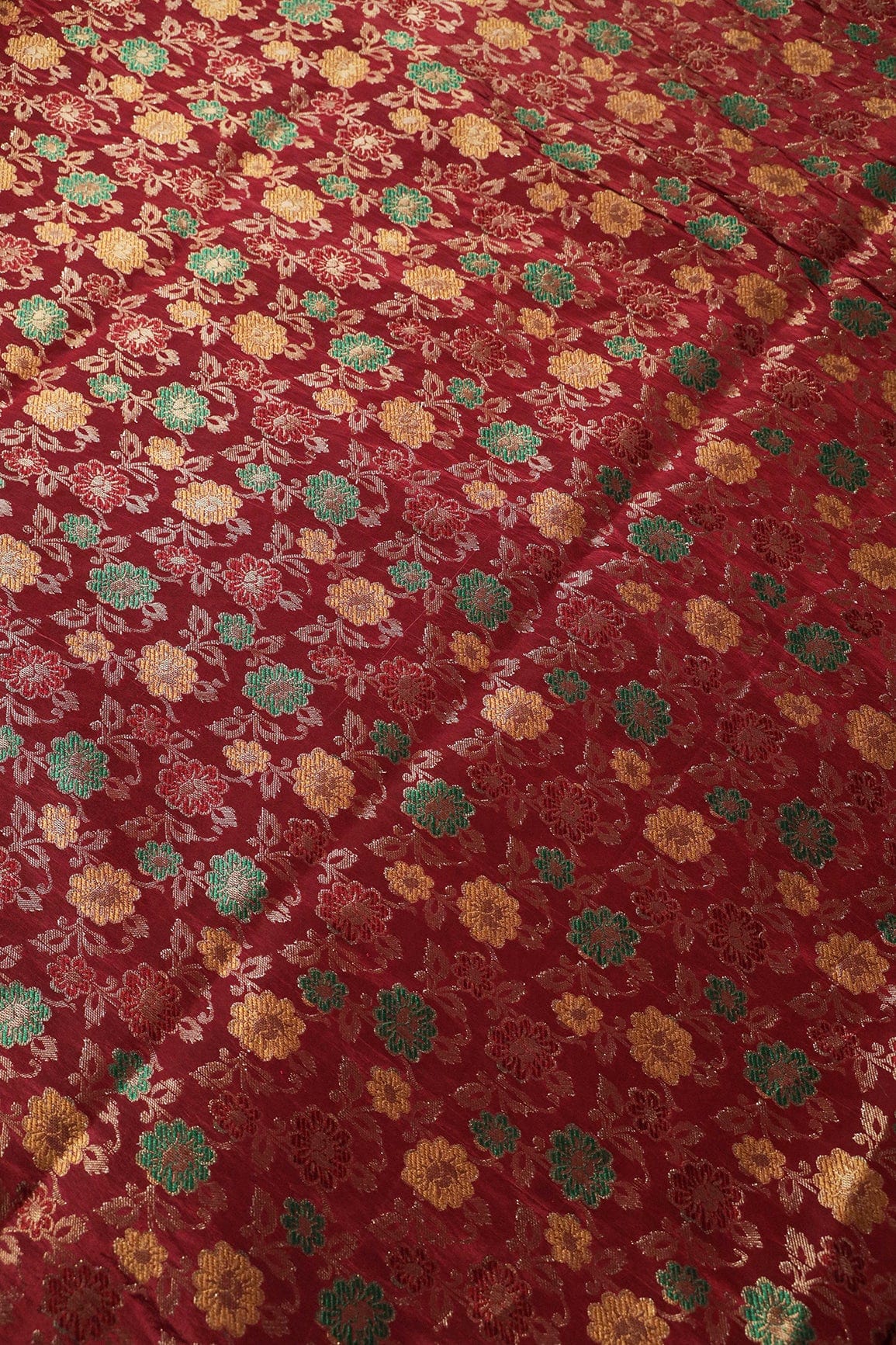 Green And Yellow Floral Pure Kashmiri Silk Gold Zari Banarasi Jacquard Fabric - doeraa