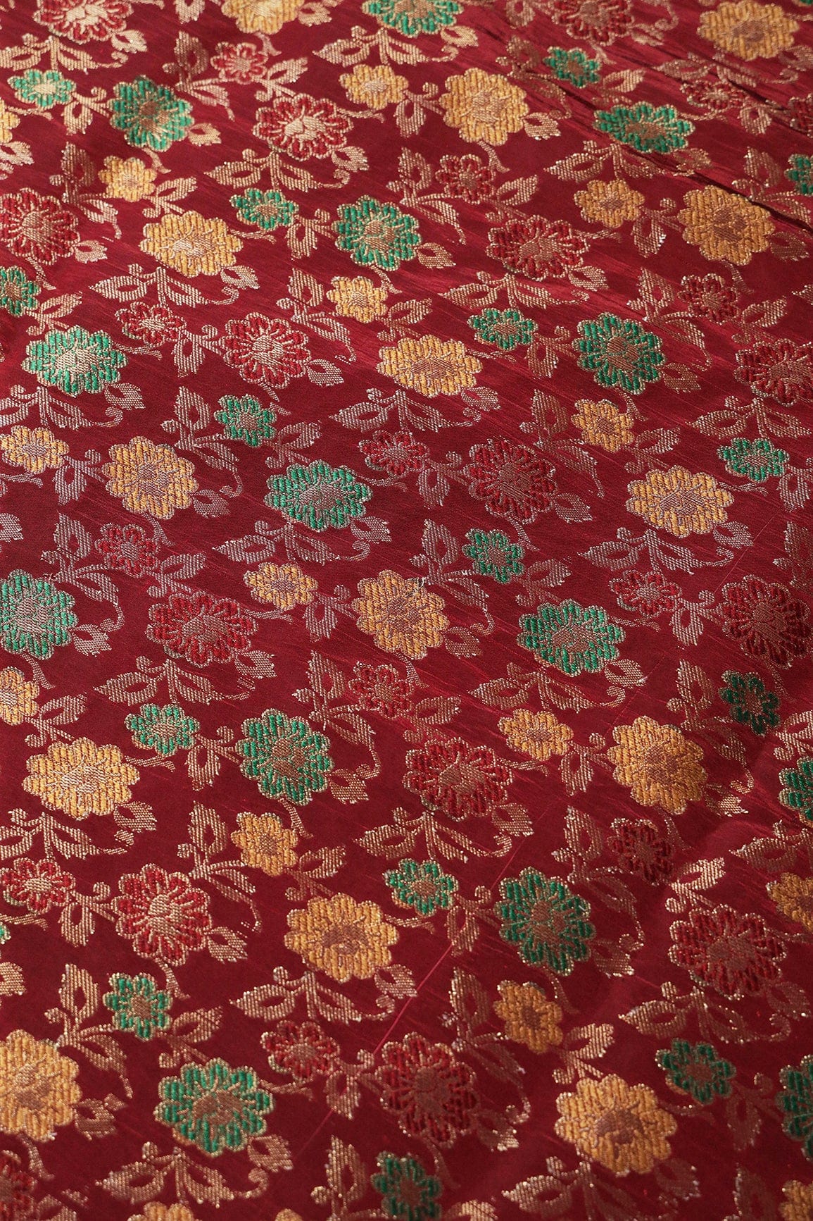 Green And Yellow Floral Pure Kashmiri Silk Gold Zari Banarasi Jacquard Fabric - doeraa