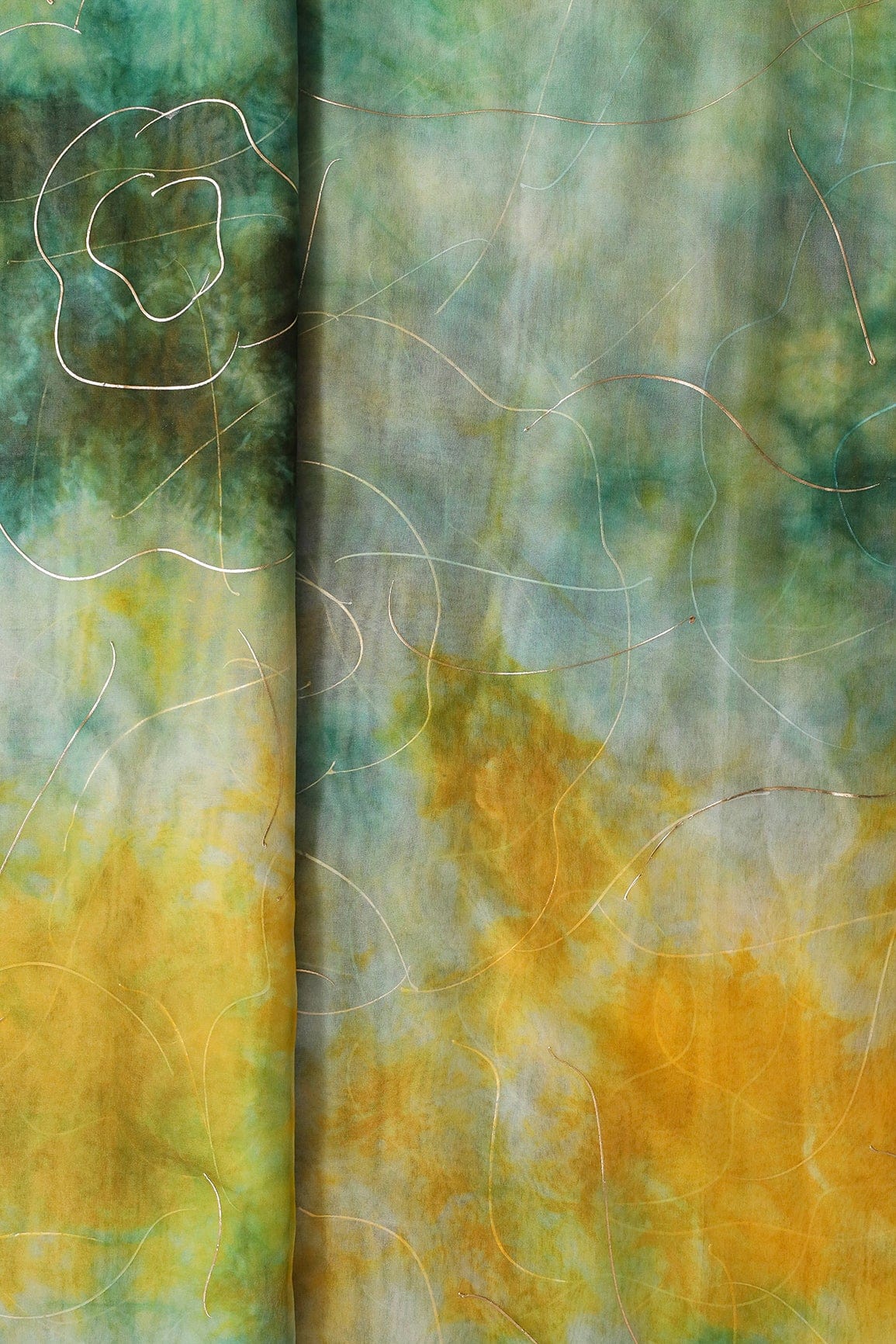 Green And Yellow Tie & Dye Shibori Foil Print On Organza Fabric - doeraa