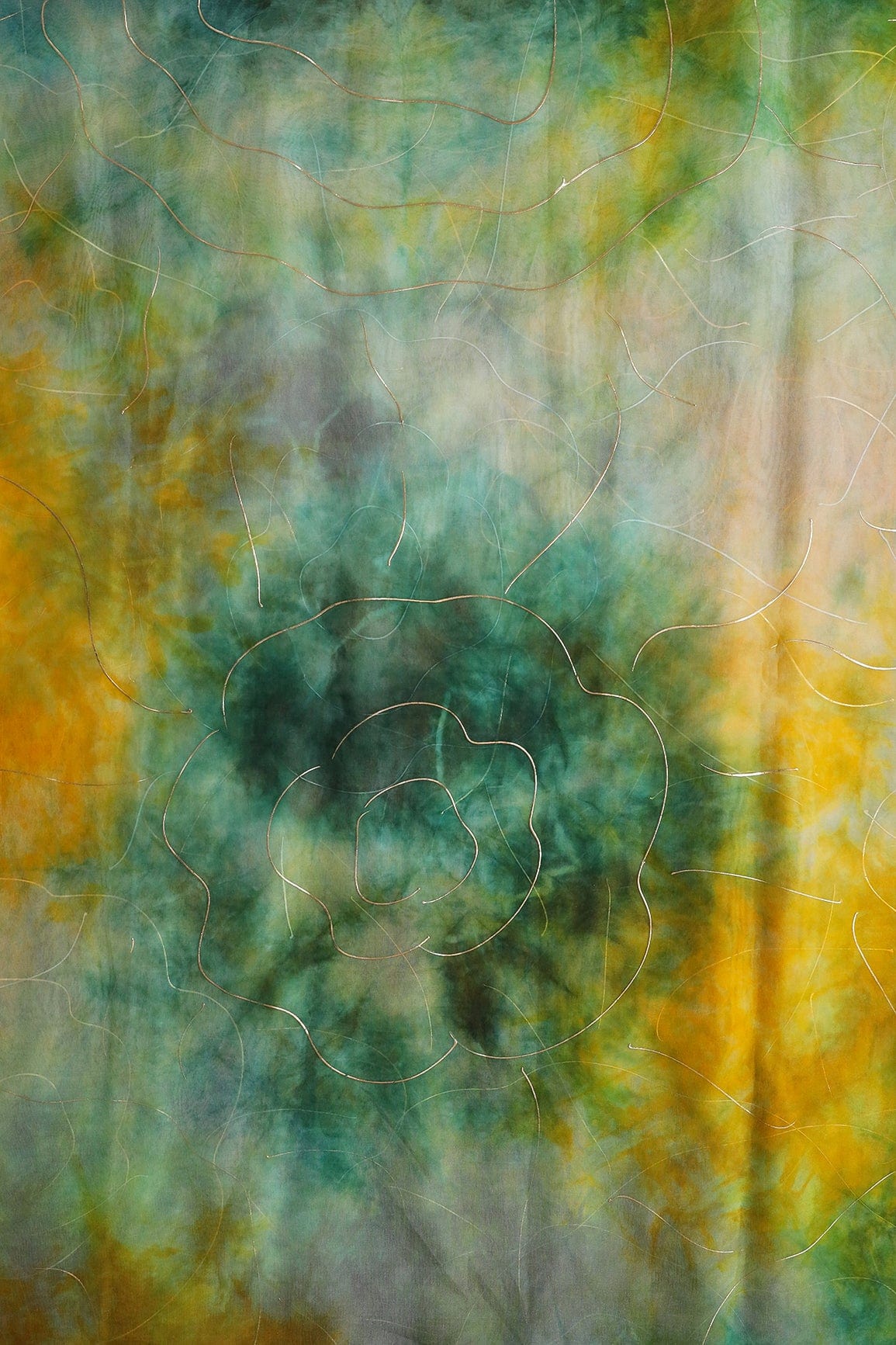 Green And Yellow Tie & Dye Shibori Foil Print On Organza Fabric - doeraa