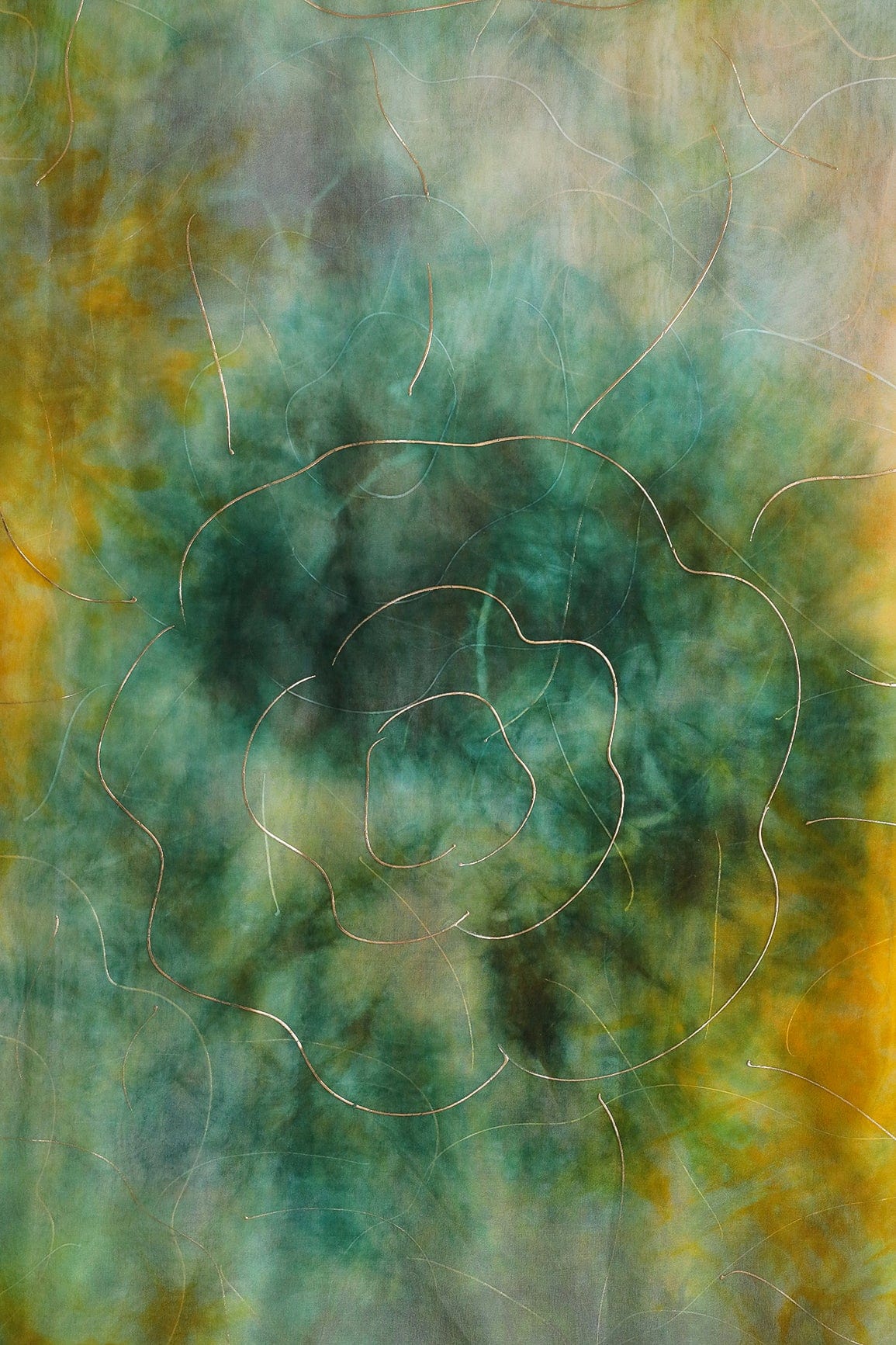 Green And Yellow Tie & Dye Shibori Foil Print On Organza Fabric - doeraa