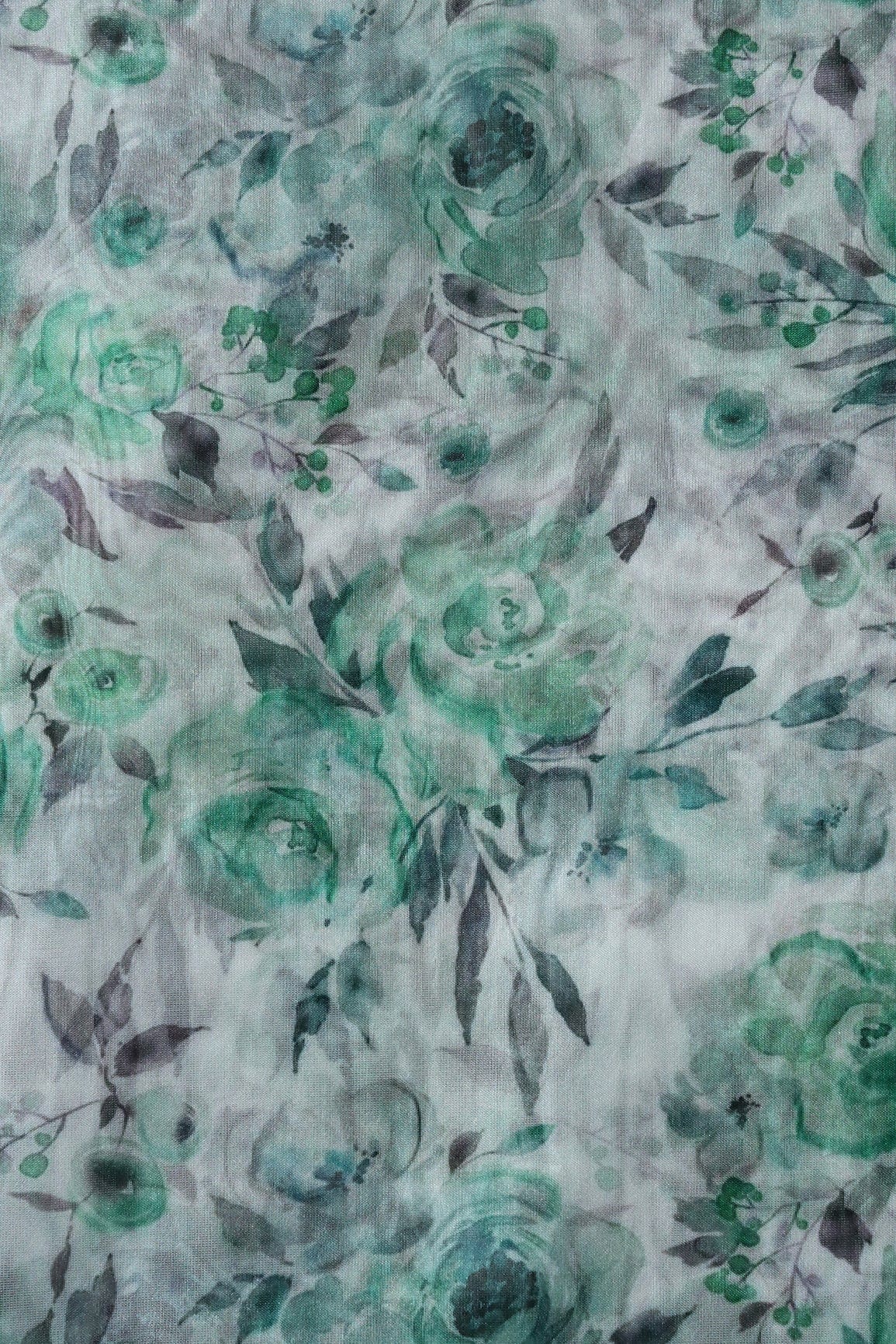 Green Beautiful Floral Digital Print On White Organza Fabric - doeraa