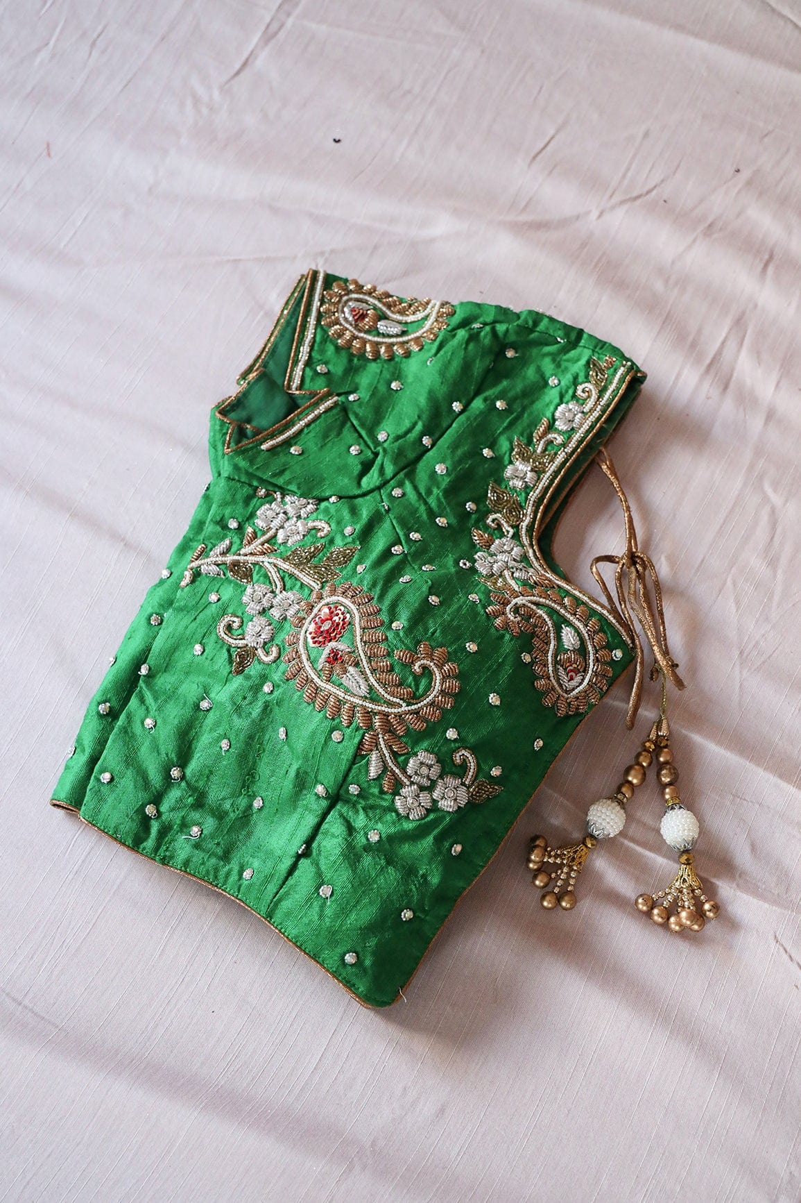 Green Hand Work Emboidery Raw Silk Stitched Blouse - doeraa