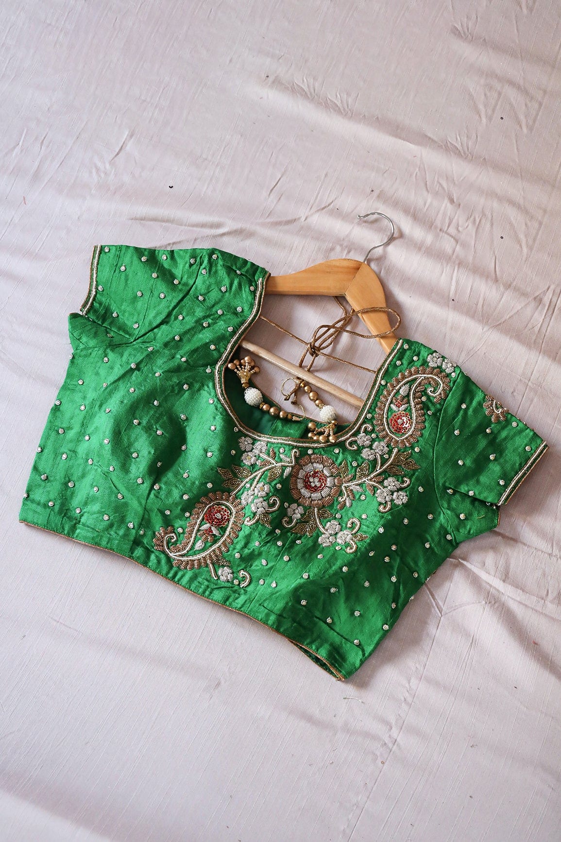 Green Hand Work Emboidery Raw Silk Stitched Blouse - doeraa