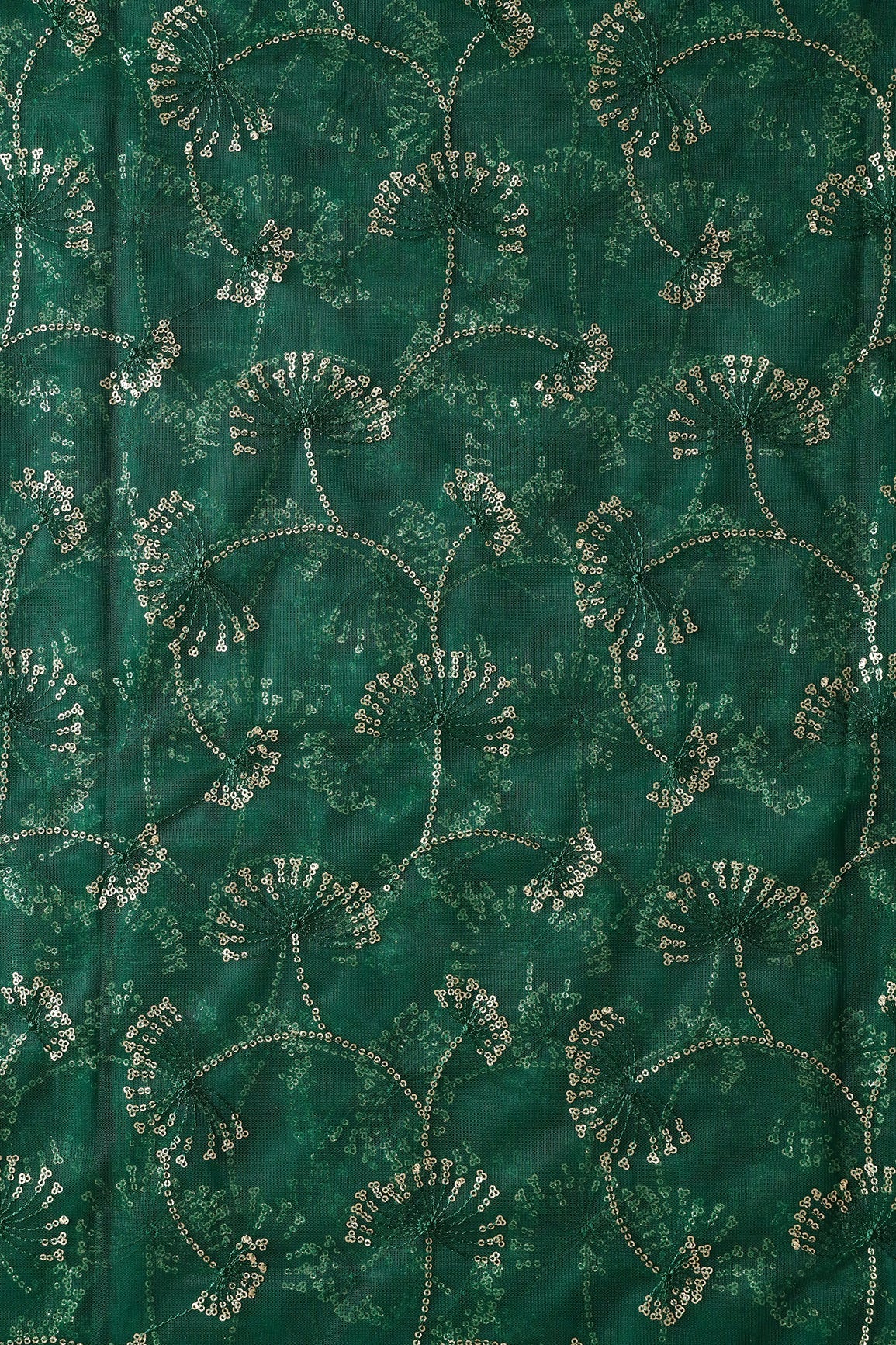 Green Thread With Gold Glitter Sequins Floral Embroidery On Bottle Green Soft Net Fabric - doeraa