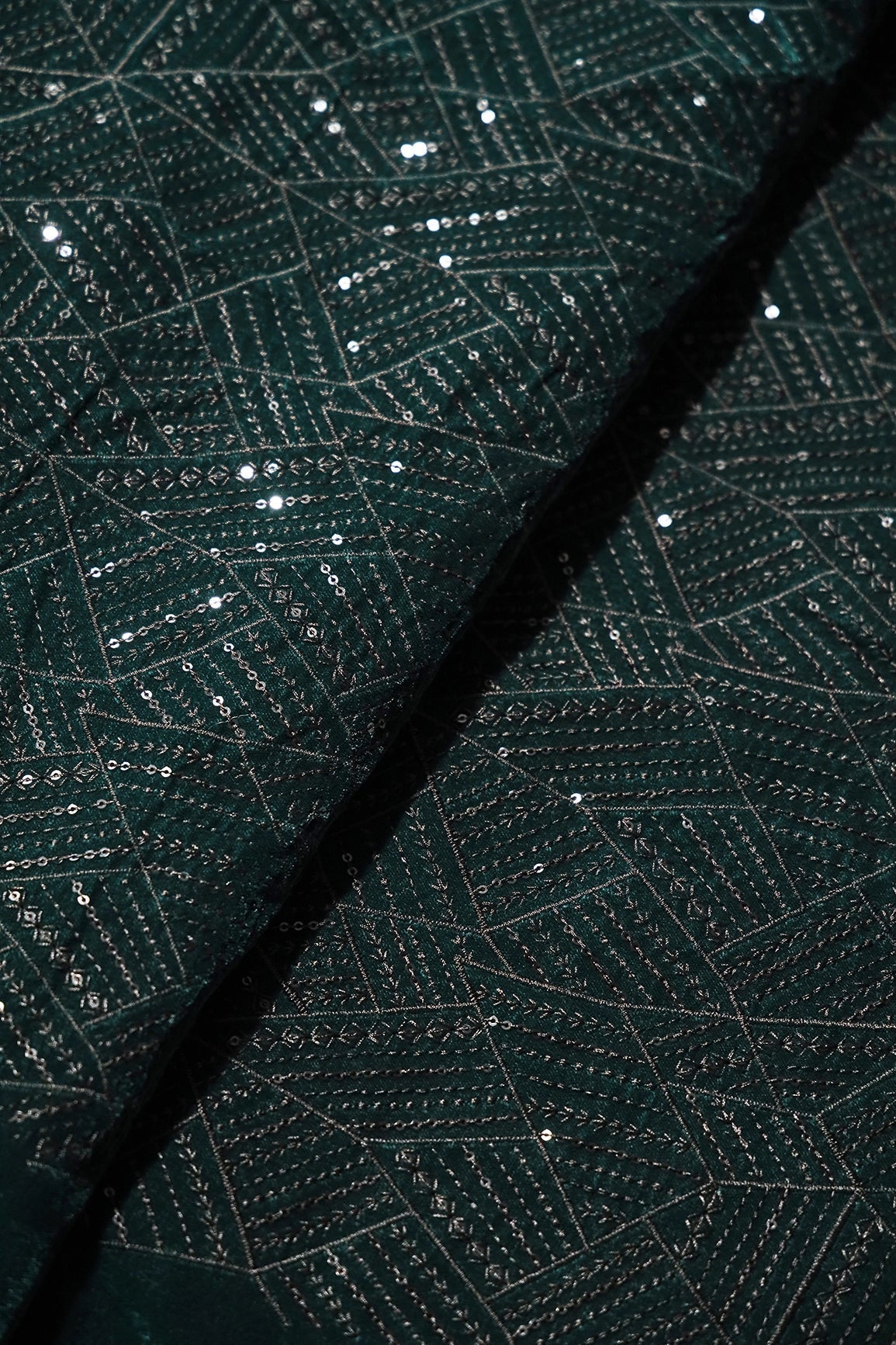Green Thread With Sequins Geometric Embroidery Work On Bottle Green Velvet Fabric - doeraa