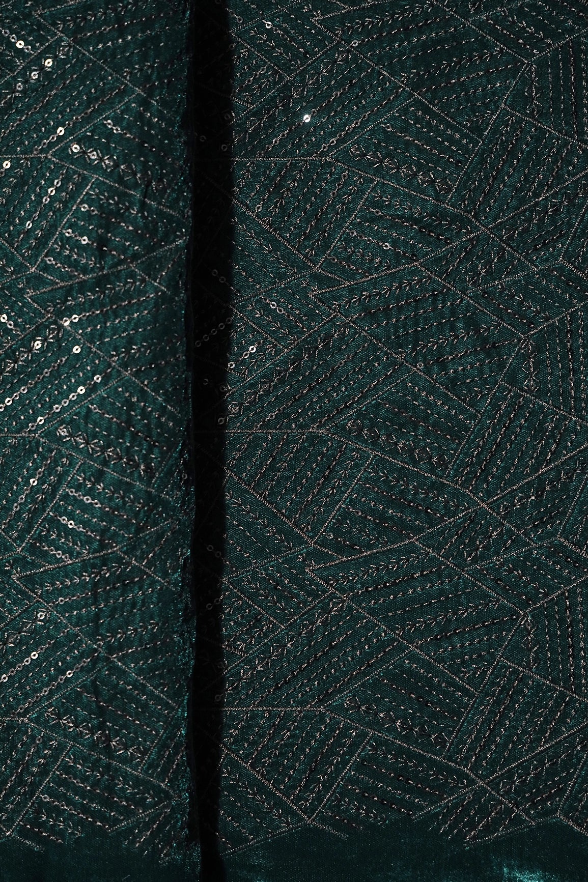 Green Thread With Sequins Geometric Embroidery Work On Bottle Green Velvet Fabric - doeraa