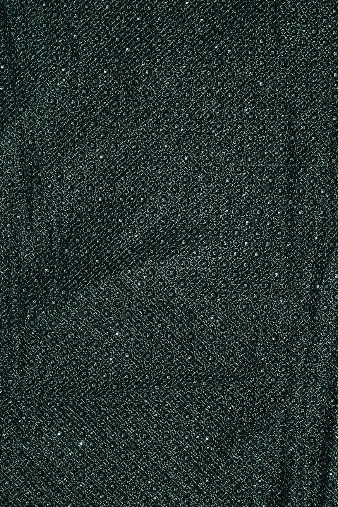 Green Thread With Sequins Small Checks Embroidery Work On Bottle Green Velvet Fabric - doeraa