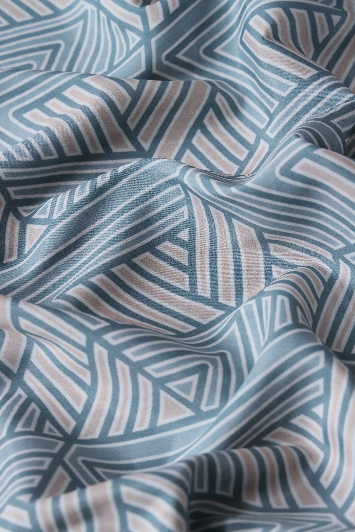 Grey And Beige Geometric Pattern Digital Print On French Crepe Fabric - doeraa