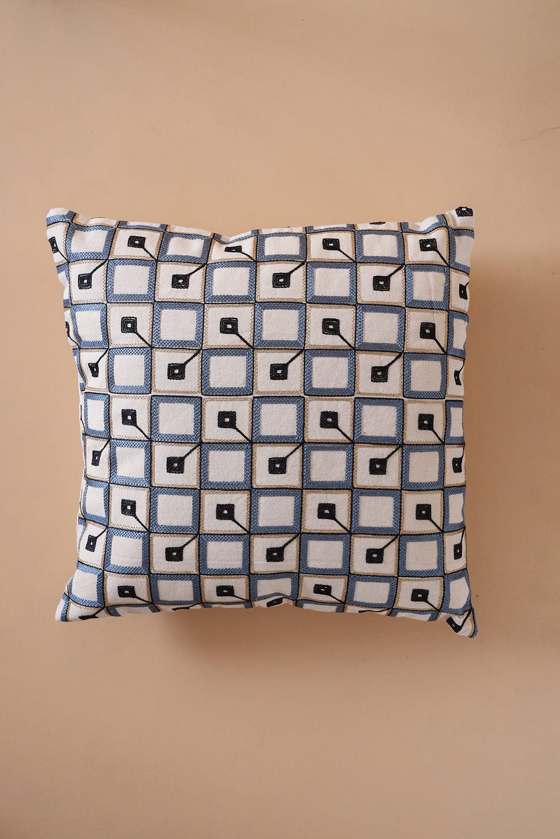 Grey and Black Pattern Embroidery on off white cotton Cushion Cover (16*16 inches) - doeraa