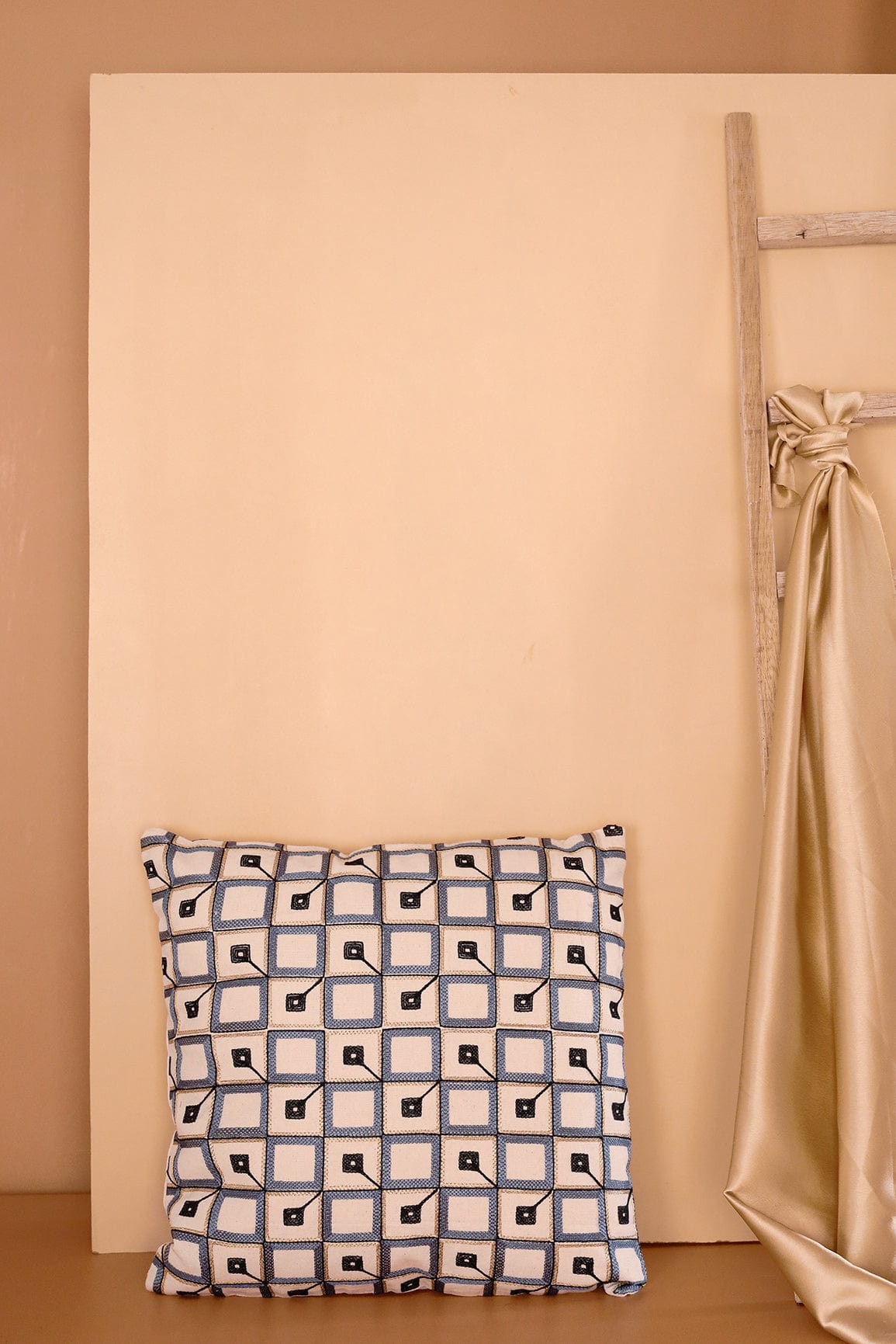 Grey and Black Pattern Embroidery on off white cotton Cushion Cover (16*16 inches) - doeraa