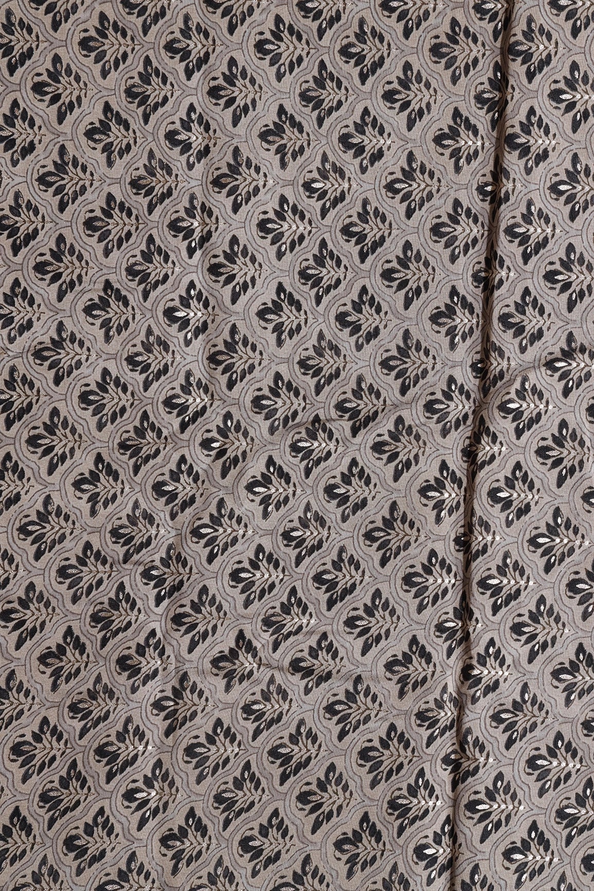 Grey And Black Trellis Pattern Foil Screen Print On Chanderi Silk Fabric - doeraa