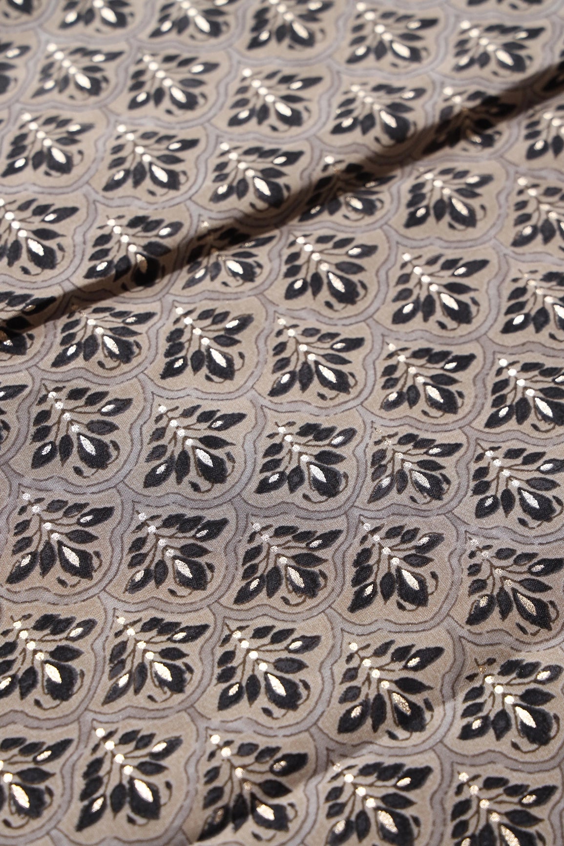 Grey And Black Trellis Pattern Foil Screen Print On Chanderi Silk Fabric - doeraa