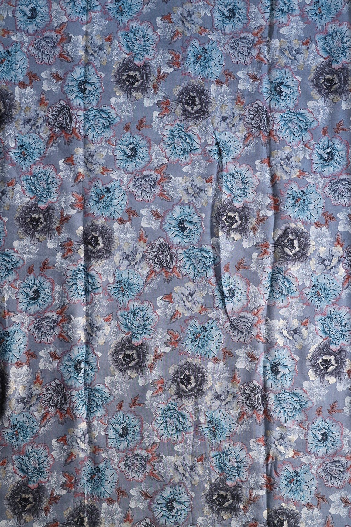 Grey And Blue Floral Print On Viscose Chanderi Silk Fabric - doeraa