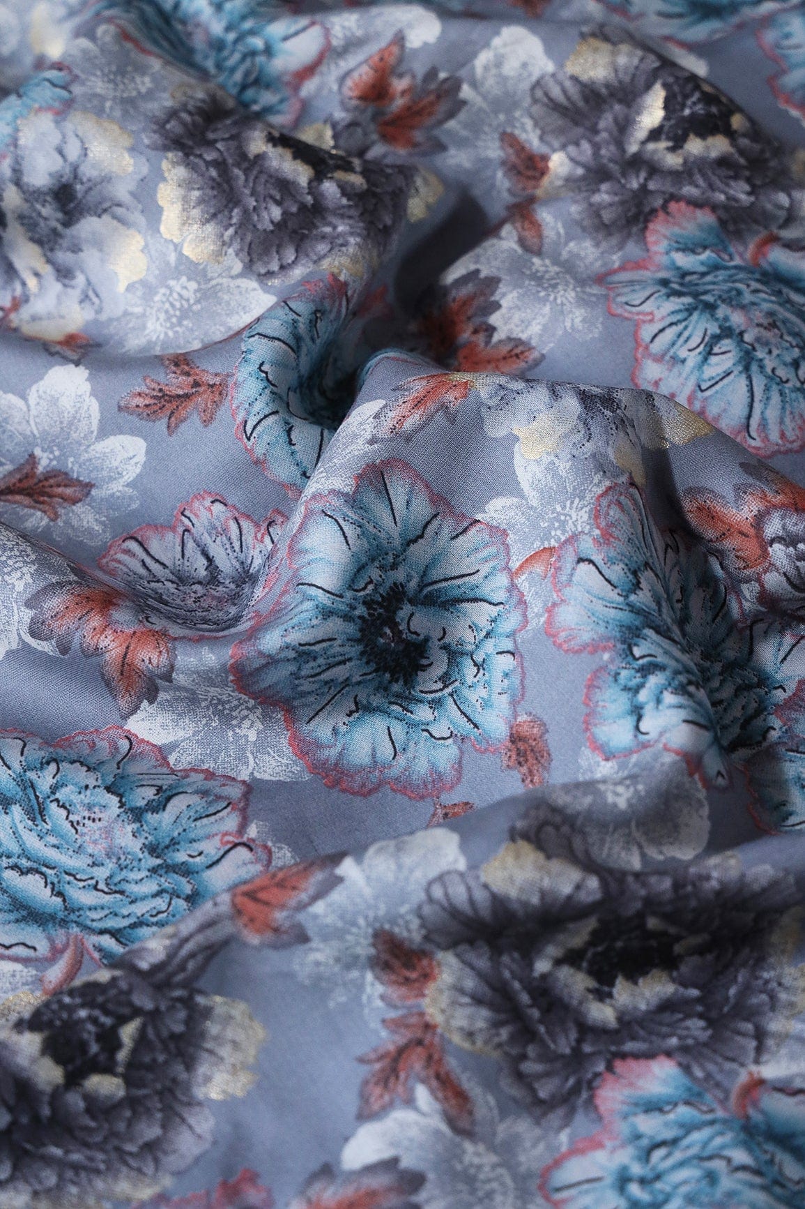 Grey And Blue Floral Print On Viscose Chanderi Silk Fabric - doeraa