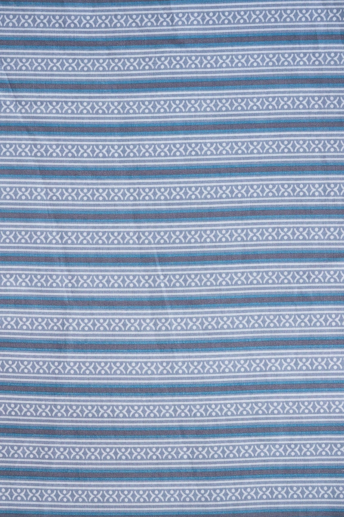 Grey And Blue Stripes Print On Viscose Chanderi Silk Fabric - doeraa