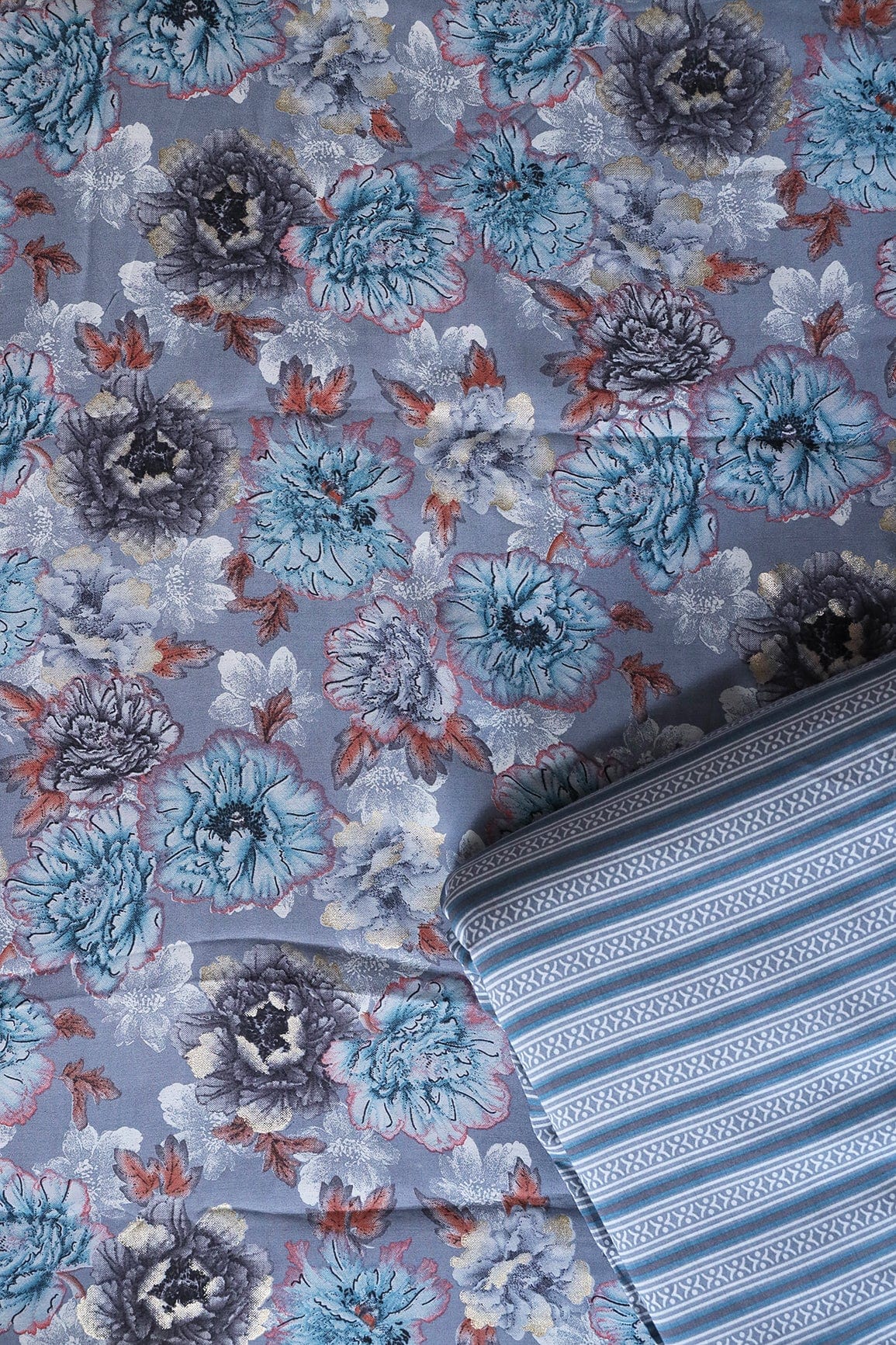 Grey And Blue Viscose Chanderi Silk Unstitched Suit (2 Piece) - doeraa