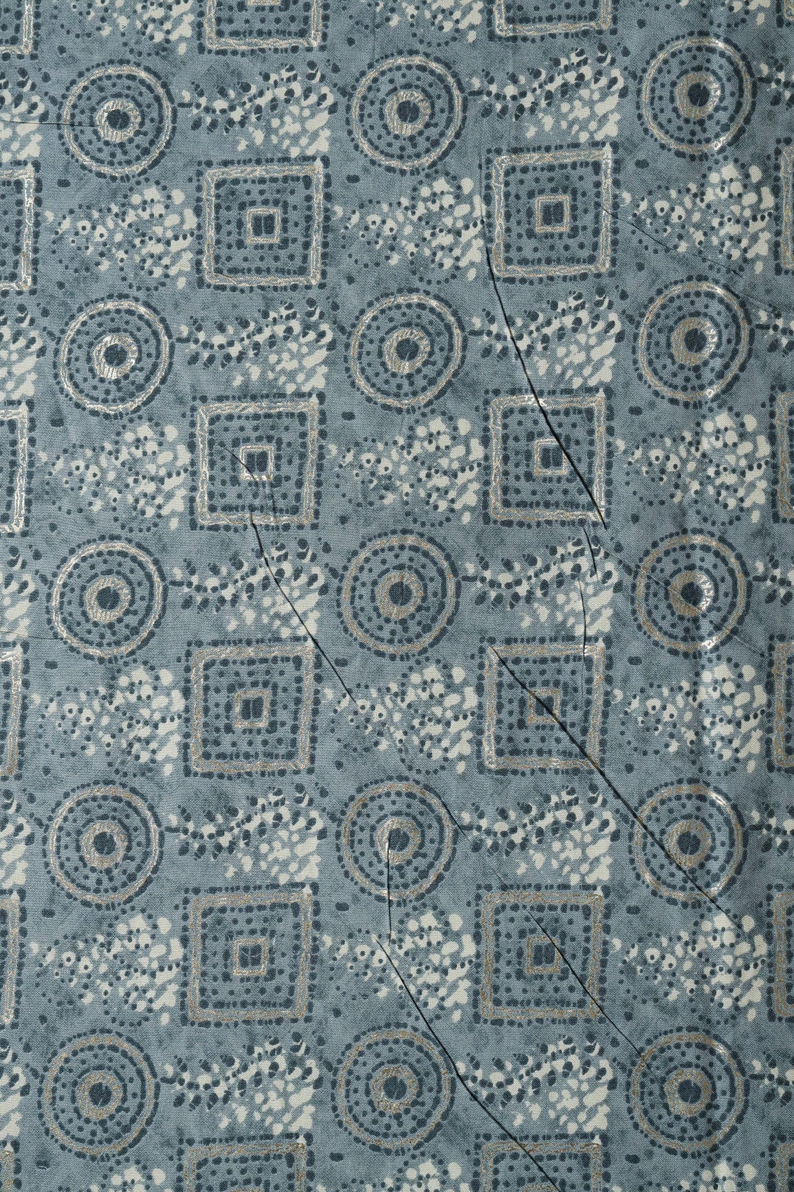 Grey And Cream Geometric Foil Print On Pure Rayon Fabric - doeraa