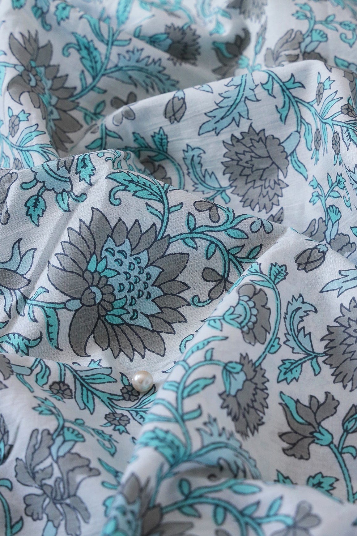 Grey And light Teal Floral Pattern Print On White Pure Cotton Fabric - doeraa