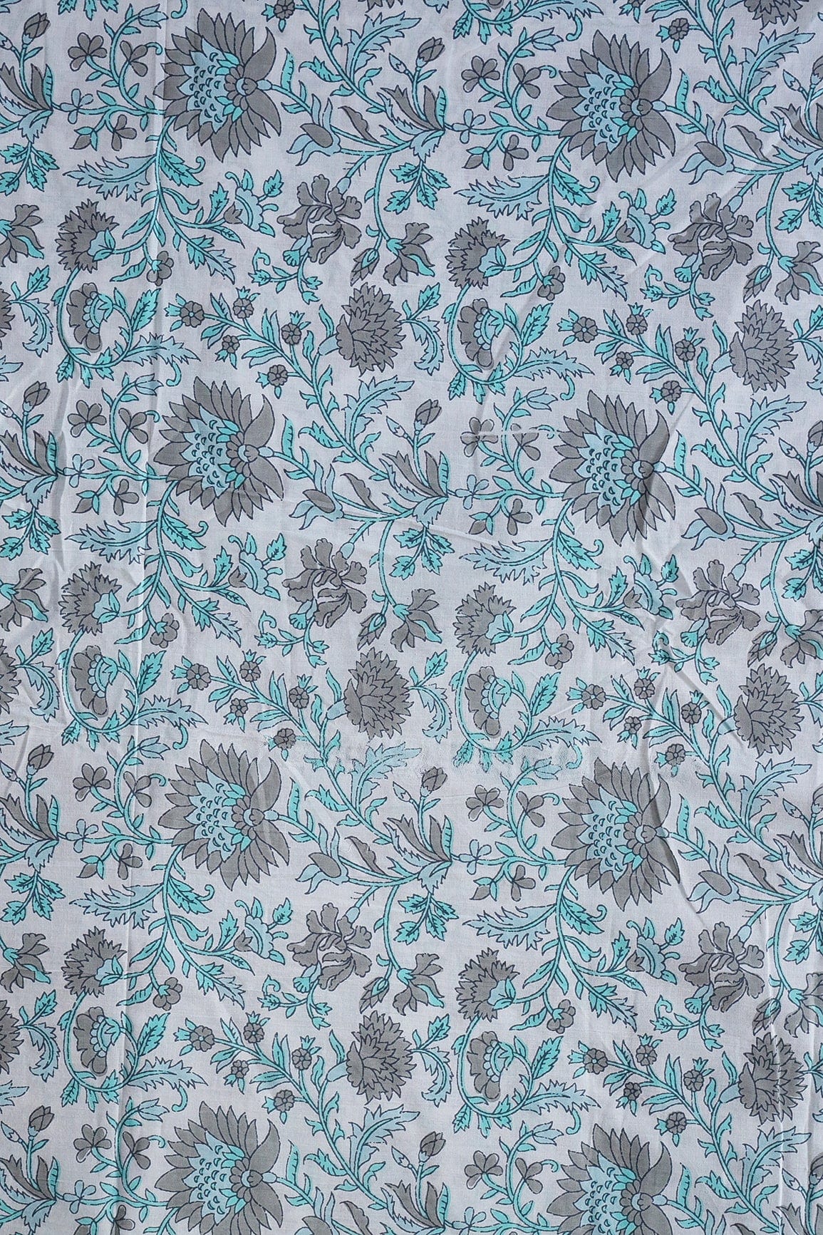 Grey And light Teal Floral Pattern Print On White Pure Cotton Fabric - doeraa