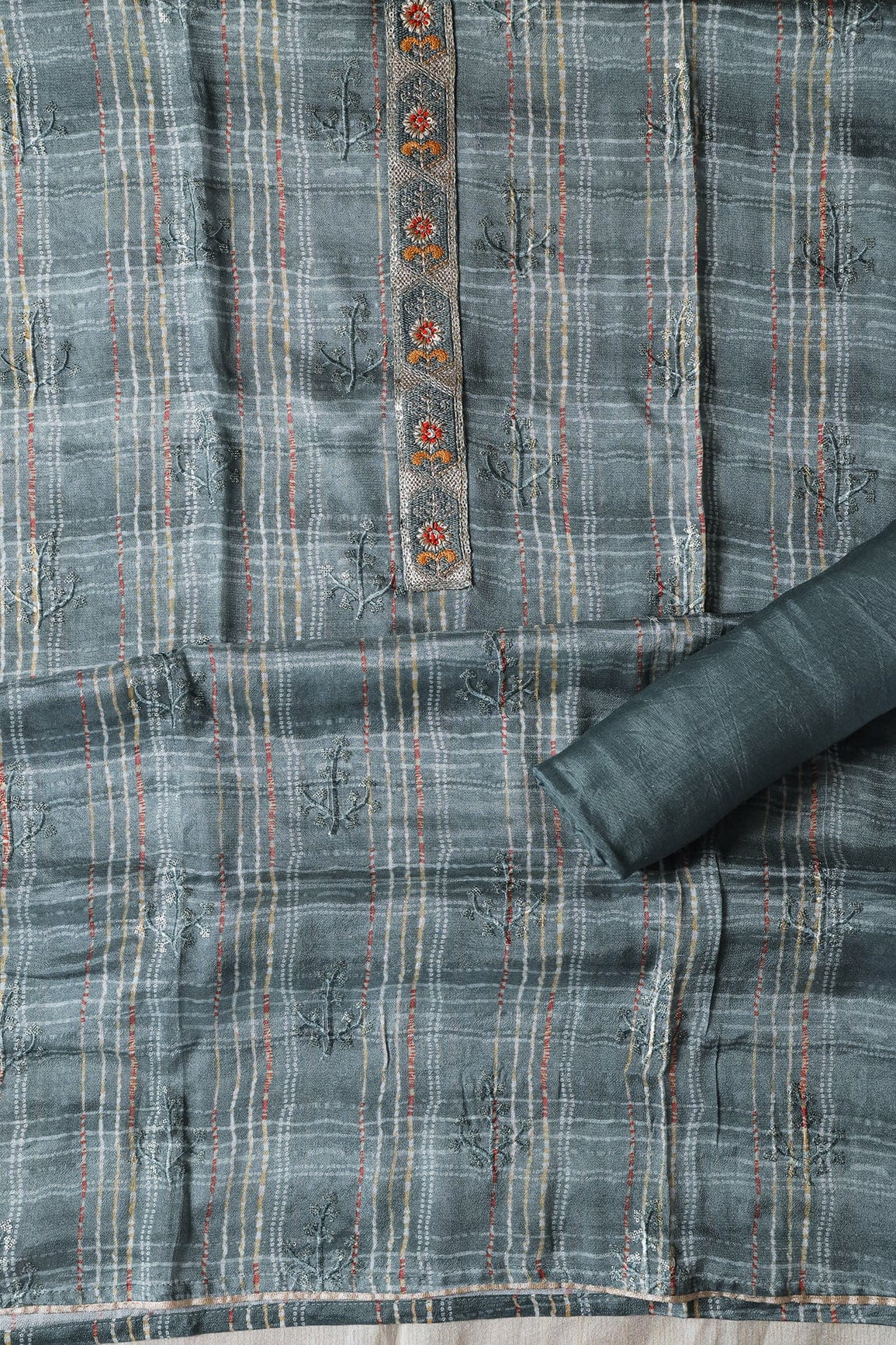 Grey Semi Stitched Pure Crepe Silk Suit Set (3 piece) - doeraa