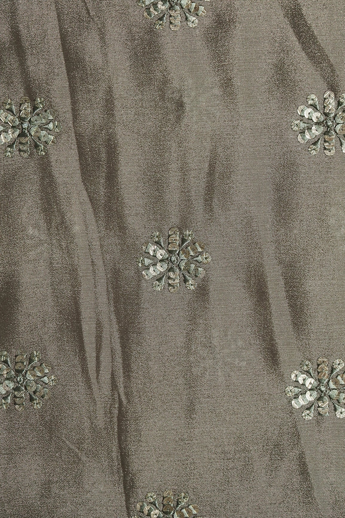 Grey Thread With Gold Sequins Floral Butta Embroidery Work On Stone Grey Chinnon Chiffon Fabric - doeraa