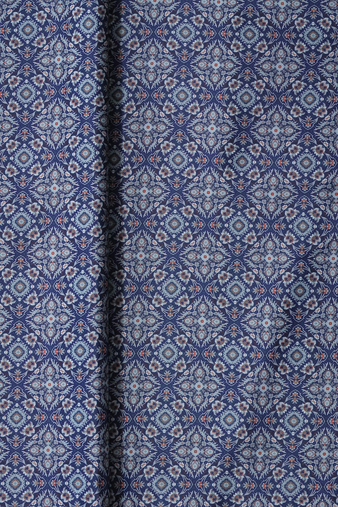 Grey Traditional Pattern Digital Print On Royal Blue French Crepe Fabric - doeraa