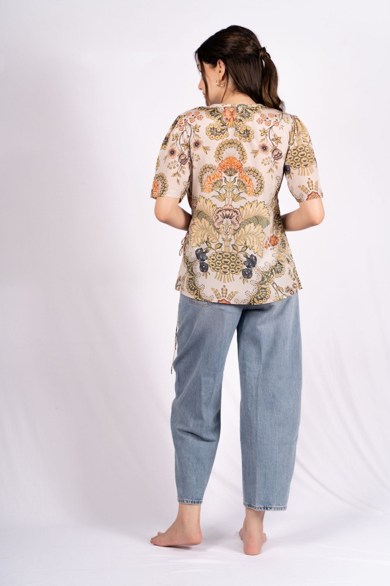 Hazel Cream Drawstring Crepe Top - doeraa