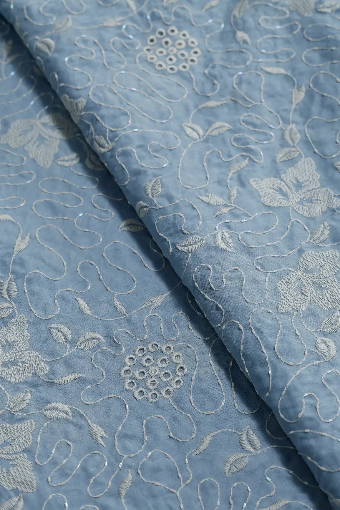 Heavy Boring Work With Beads Embroidery Design On Pastel Blue Pure Mul Cotton Fabric - doeraa