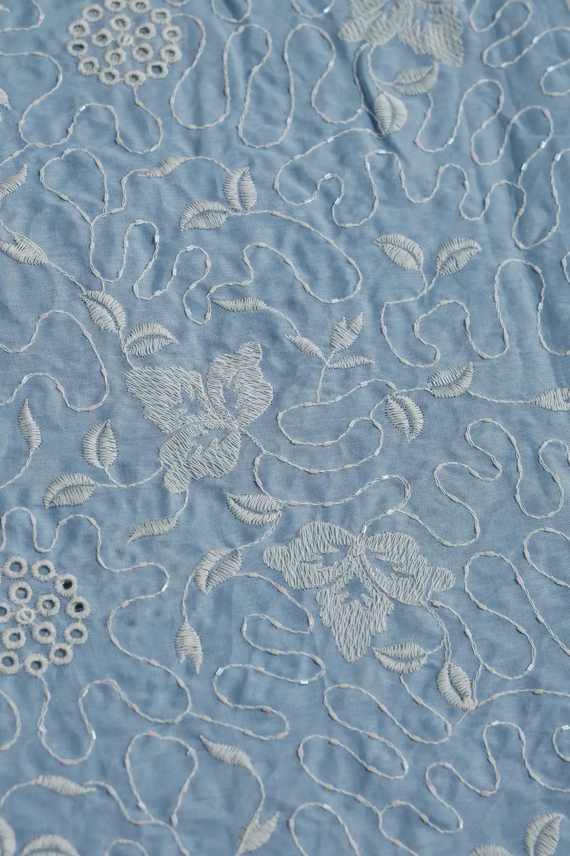 Heavy Boring Work With Beads Embroidery Design On Pastel Blue Pure Mul Cotton Fabric - doeraa