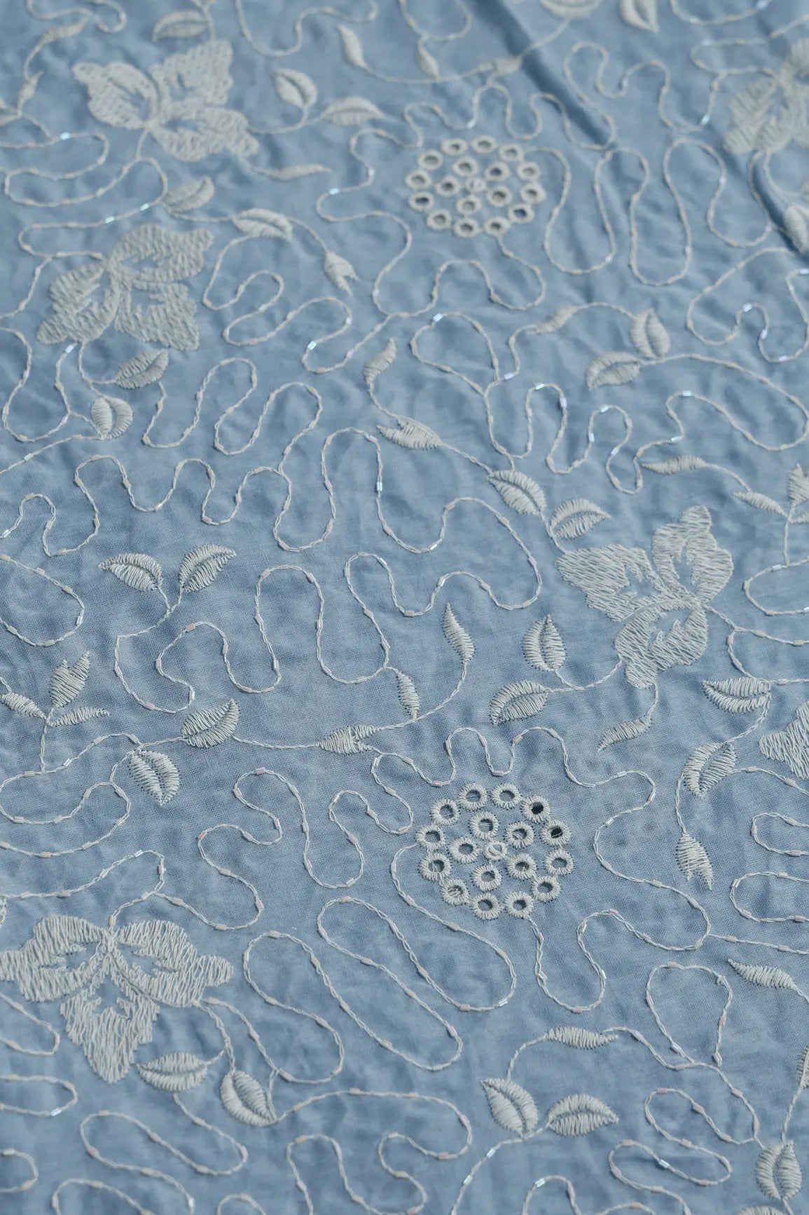 Heavy Boring Work With Beads Embroidery Design On Pastel Blue Pure Mul Cotton Fabric - doeraa