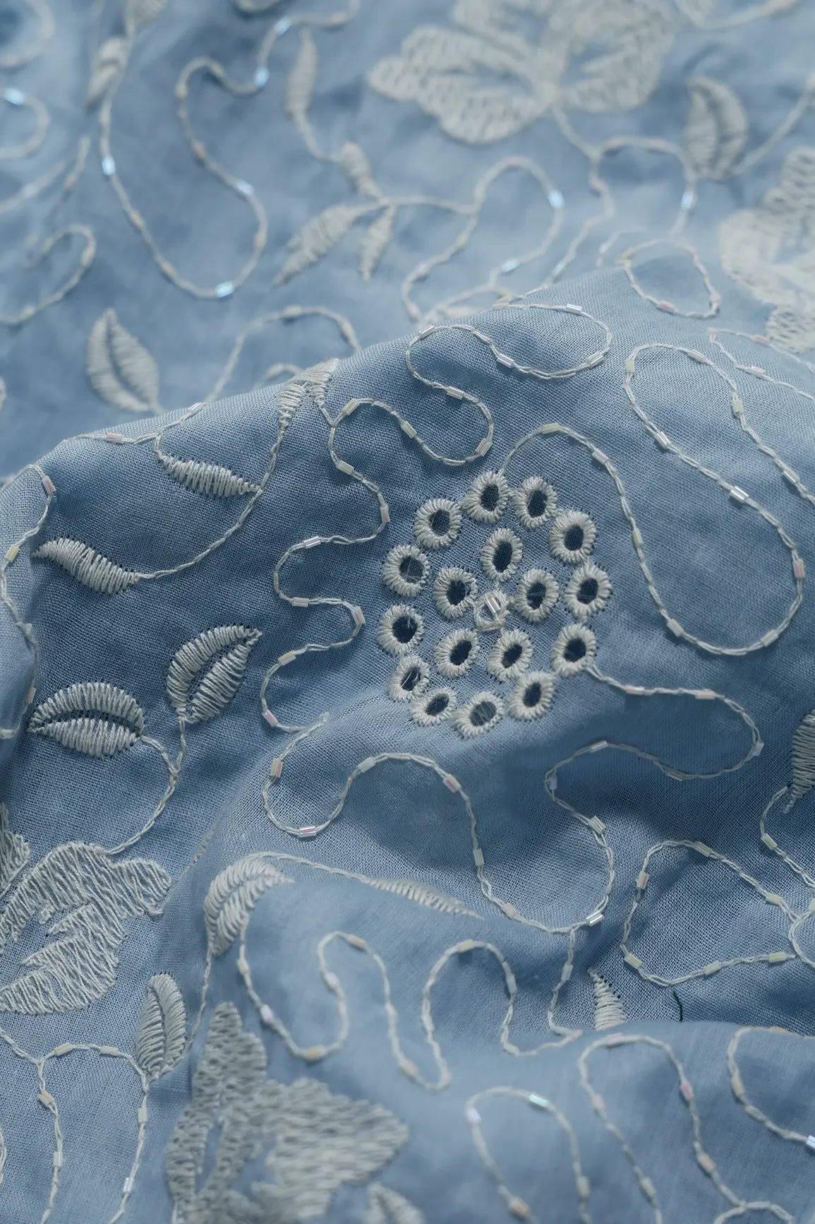 Heavy Boring Work With Beads Embroidery Design On Pastel Blue Pure Mul Cotton Fabric - doeraa