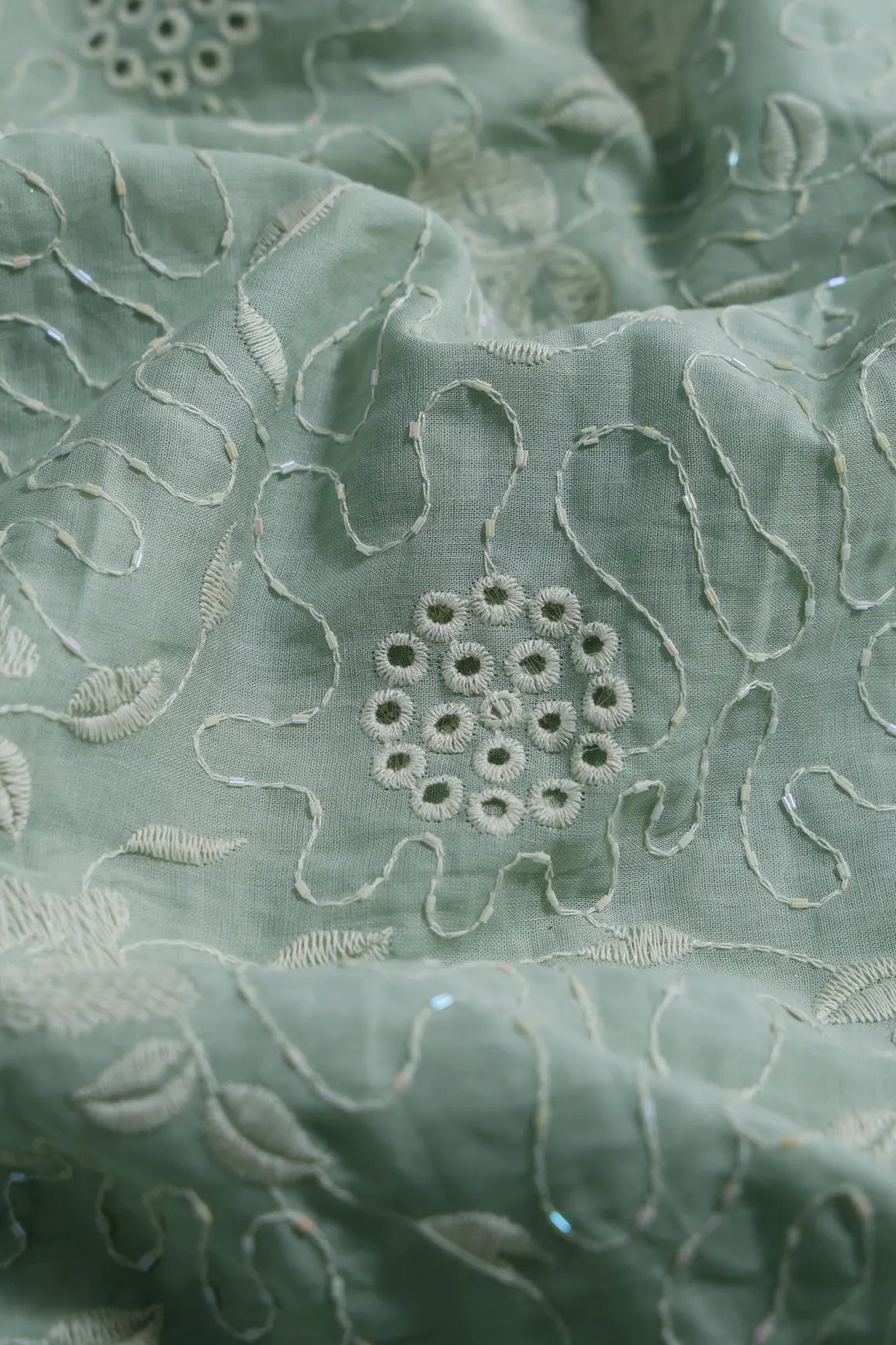 Heavy Boring Work With Beads Embroidery Design On Pastel Olive Green Pure Mul Cotton Fabric - doeraa