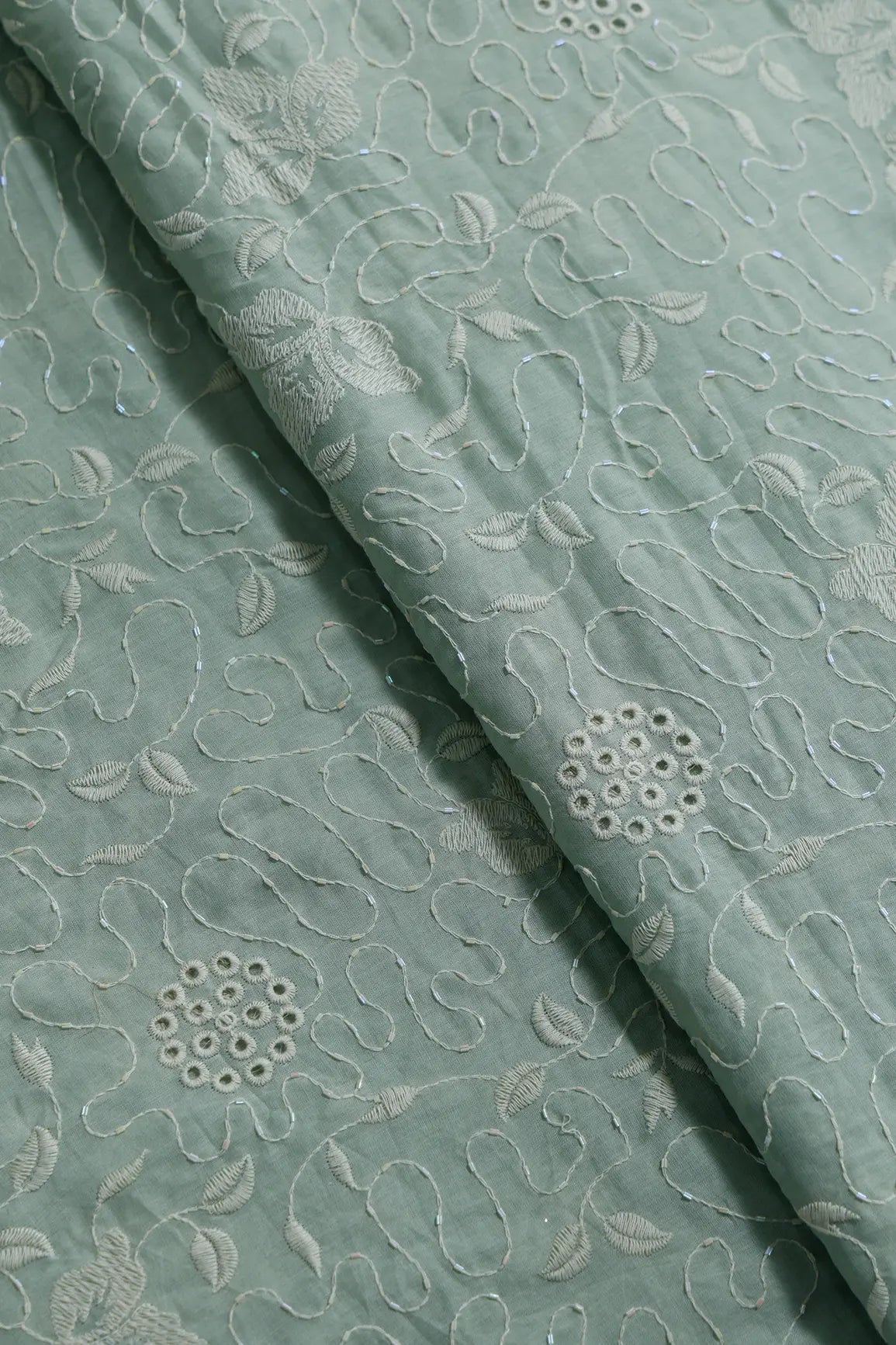Heavy Boring Work With Beads Embroidery Design On Pastel Olive Green Pure Mul Cotton Fabric - doeraa