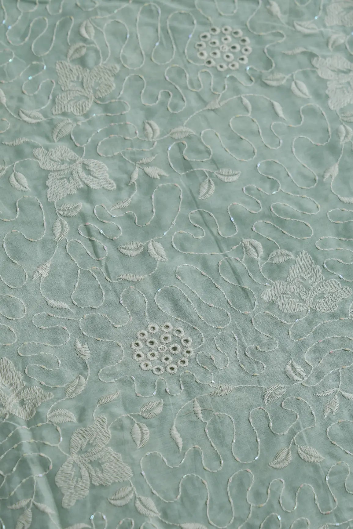 Heavy Boring Work With Beads Embroidery Design On Pastel Olive Green Pure Mul Cotton Fabric - doeraa