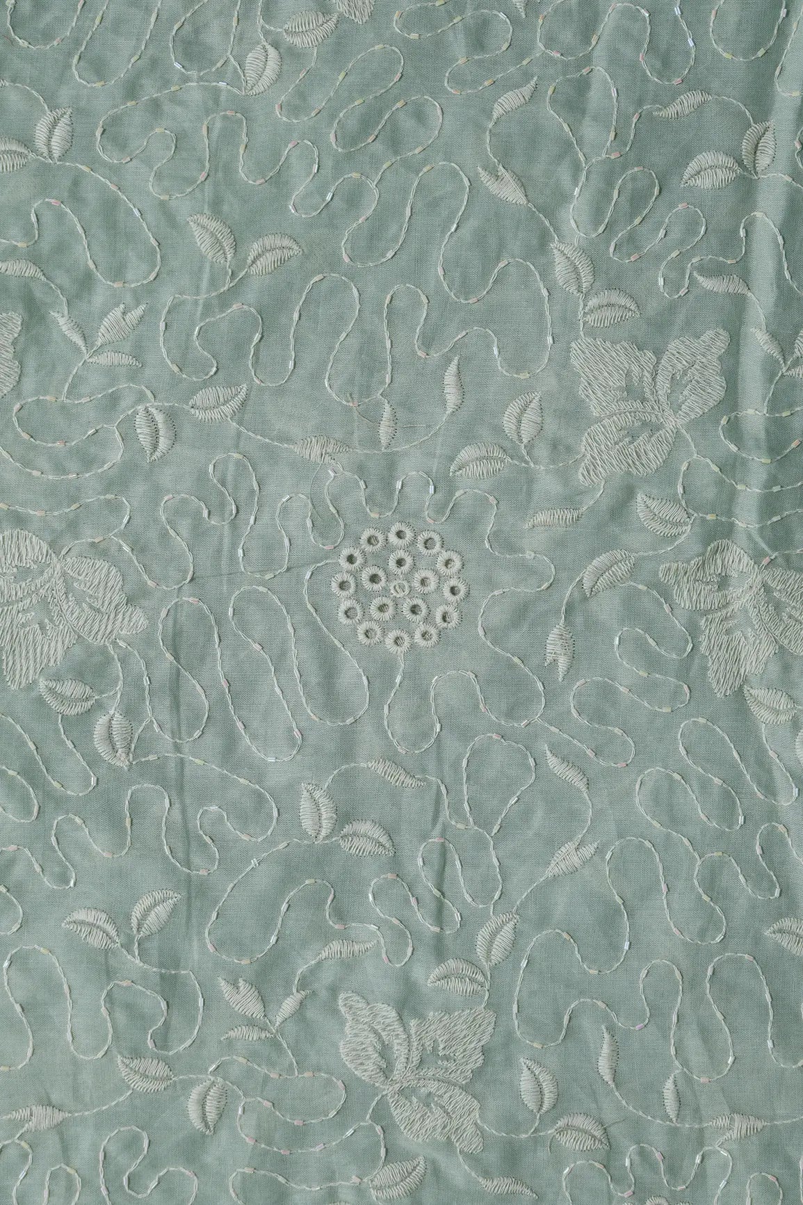Heavy Boring Work With Beads Embroidery Design On Pastel Olive Green Pure Mul Cotton Fabric - doeraa