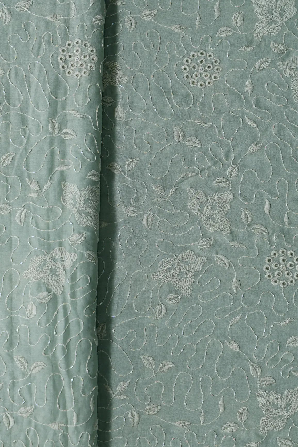 Heavy Boring Work With Beads Embroidery Design On Pastel Olive Green Pure Mul Cotton Fabric - doeraa